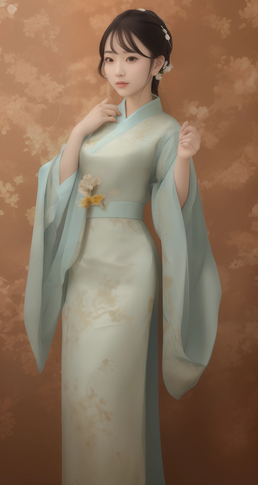 Eyebrows are like willow leaves in early spring, often containing rain and hatred; face is like peach blossoms in March, hiding the moonlight. The slender waist is graceful, and the restrained swallows are lazy; The jade appearance is enchanting, and the flowers explain the language, and the fragrance is graceful and graceful

In the style of elegant outlines,gongbi,a beautiful girl in song dynasty style dress