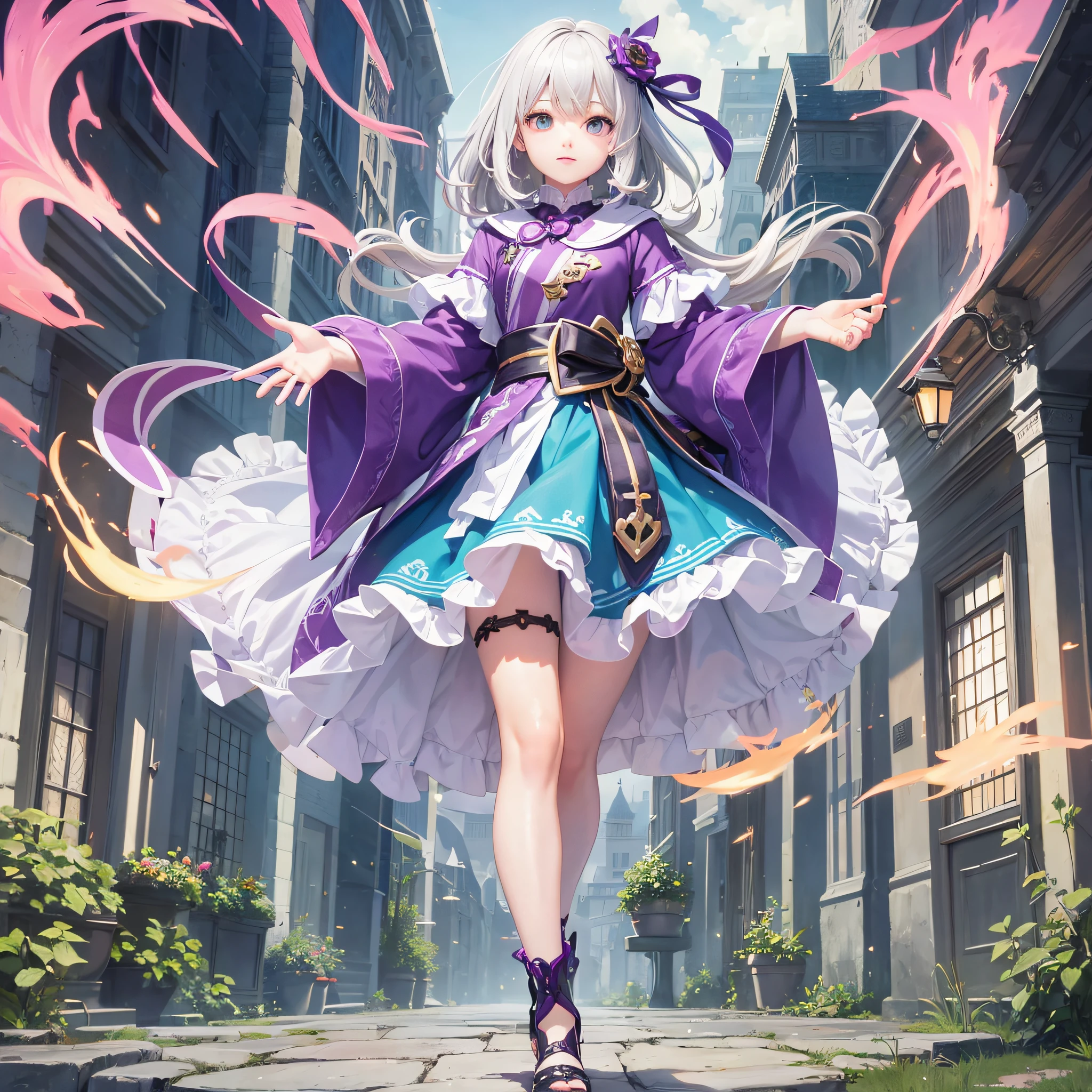 1 girl, fantasy world clothes with magic, medium silver hair, puple eyes, perfect full body, clothes simple details, view over the character, unleashing fire magic at your fingertips, step by step move join the magic, aim magic, release magic, magic going towards the enemy, repeat the same outfit for all images, serafuku, anime style --auto --s2