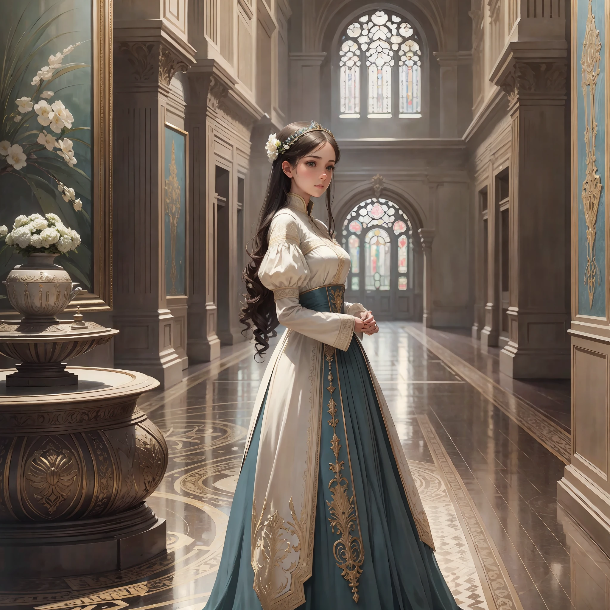young intricate woman in royal palace, art by Alfred Augustus Glendening, wide angle lens f/2.8, ultra insane high resolution intricate textures, texture indentation, perfect perspective, perfect geometry, ultra insane ambient lighting, ultra insane ambient shadows, luminism, ultra detailed busy background, tessellation, maximalism, perfectionism, IPA Award wining masterpiece,