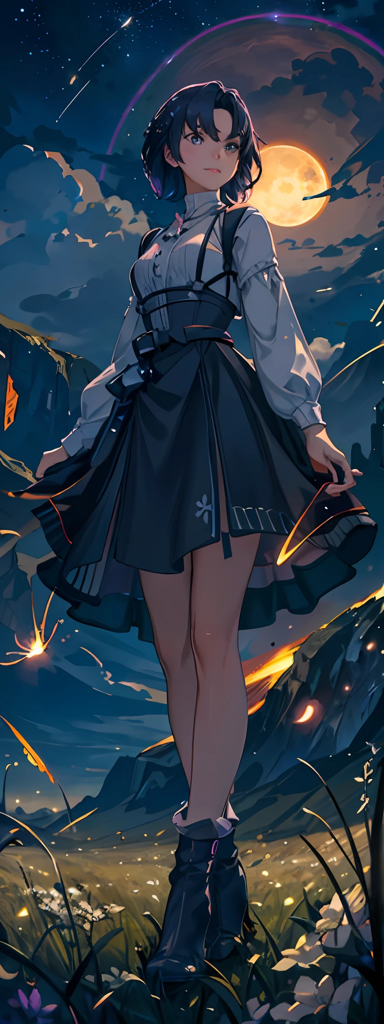 Vast landscape photo, (viewed from below, the sky is above and the open field is below), a girl standing on a flower field looking up, (full moon: 1.2), (meteor: 0.9), (nebula: 1.3), distant mountains , Trees BREAK Crafting Art, (Warm Light: 1.2), (Fireflies: 1.2), Lights, Lots of Purple and Orange, Intricate Details, Volumetric Lighting, Realism BREAK (Masterpiece: 1.2), (Best Quality), 4k, Ultra-Detailed, (Dynamic Composition: 1.4), Very Detailed, Colorful Details, (Rainbow Colors: 1.2), (Glow Lighting, Atmospheric Lighting), Dreamy, Magical, (Solo: 1.2)