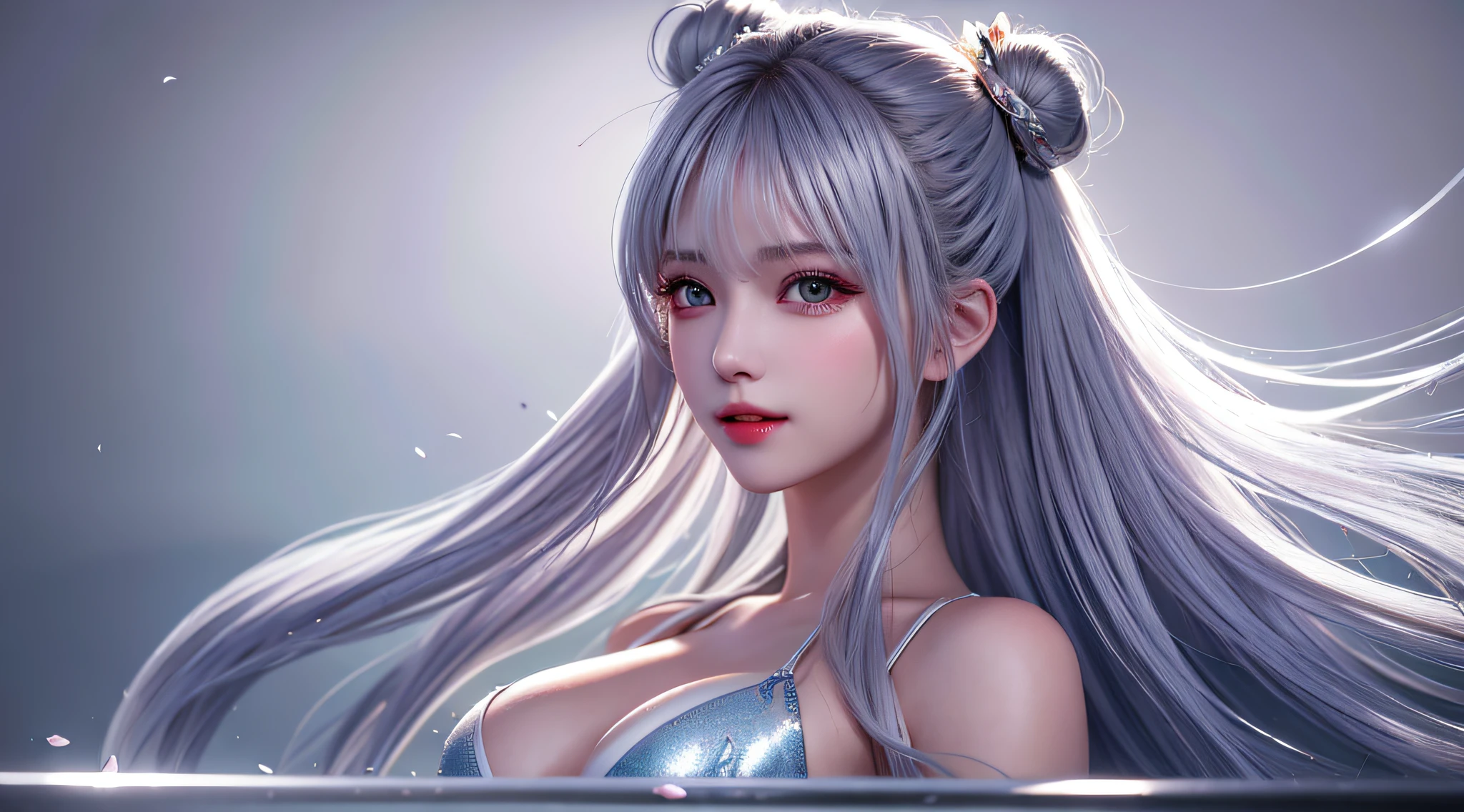 Silver hair, double bun, upper body, standing in water, parting bangs, modern, surreal, film lighting, chiaroscuro, masterpiece, textured skin, high resolution, high quality, high detail, beautiful face, big, obvious cleavage, translucent clothes, falling petals, smiling face,