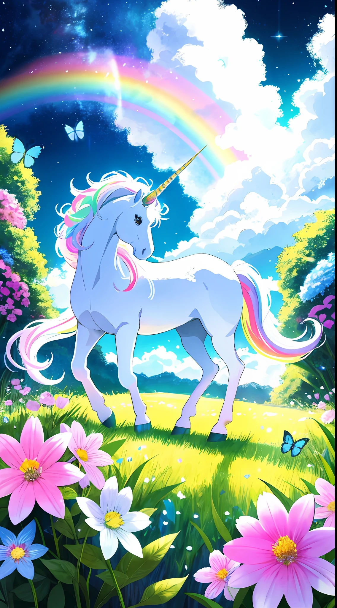 White rainbow unicorn looking directly at the camera, beautiful landscape environment, bright colors, many flowers and butterflies, very cute picture, like a children's book illustration, like a contest illustration, a lot of details, super detail, 4k quality, contrasting lighting, night sky