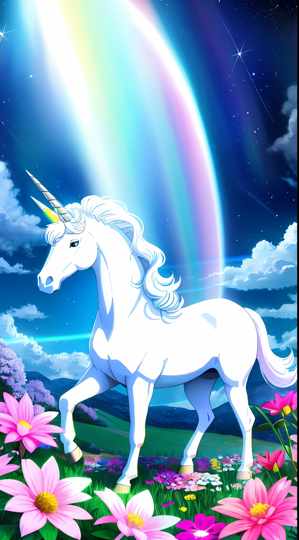 White rainbow unicorn looking directly at the camera, beautiful landscape environment, bright colors, many flowers and butterflies, very cute picture, like a children's book illustration, like a contest illustration, a lot of details, super detail, 4k quality, contrasting lighting, night sky