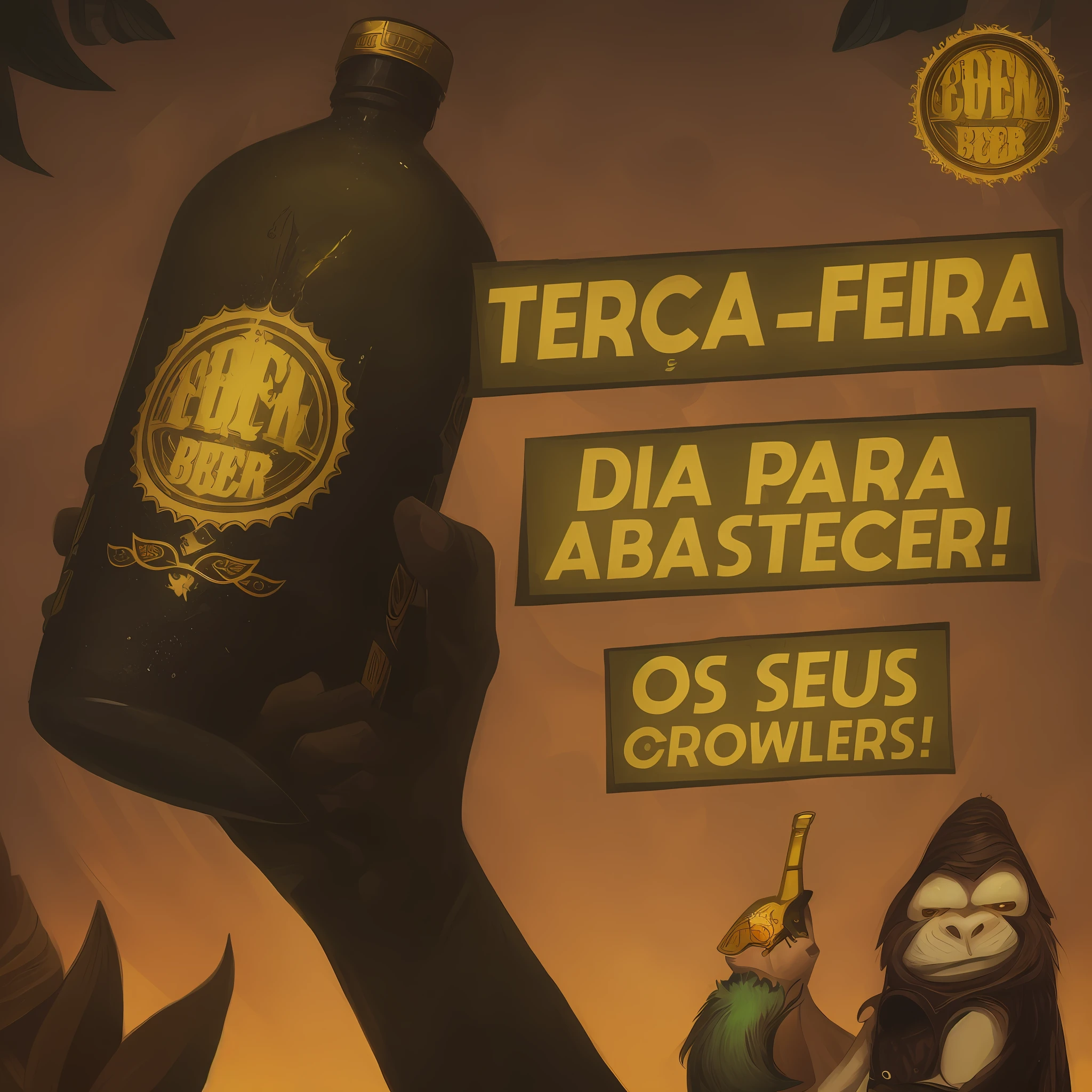 someone holding a bottle of beer in their hand with a monkey on it, eterea, “erebos’s titan, beer, 🐿🍸🍋, description, official product image, scoia'tael), 🎨🖌️, by Tuvia Beeri, fosters, fess, feral, lepra