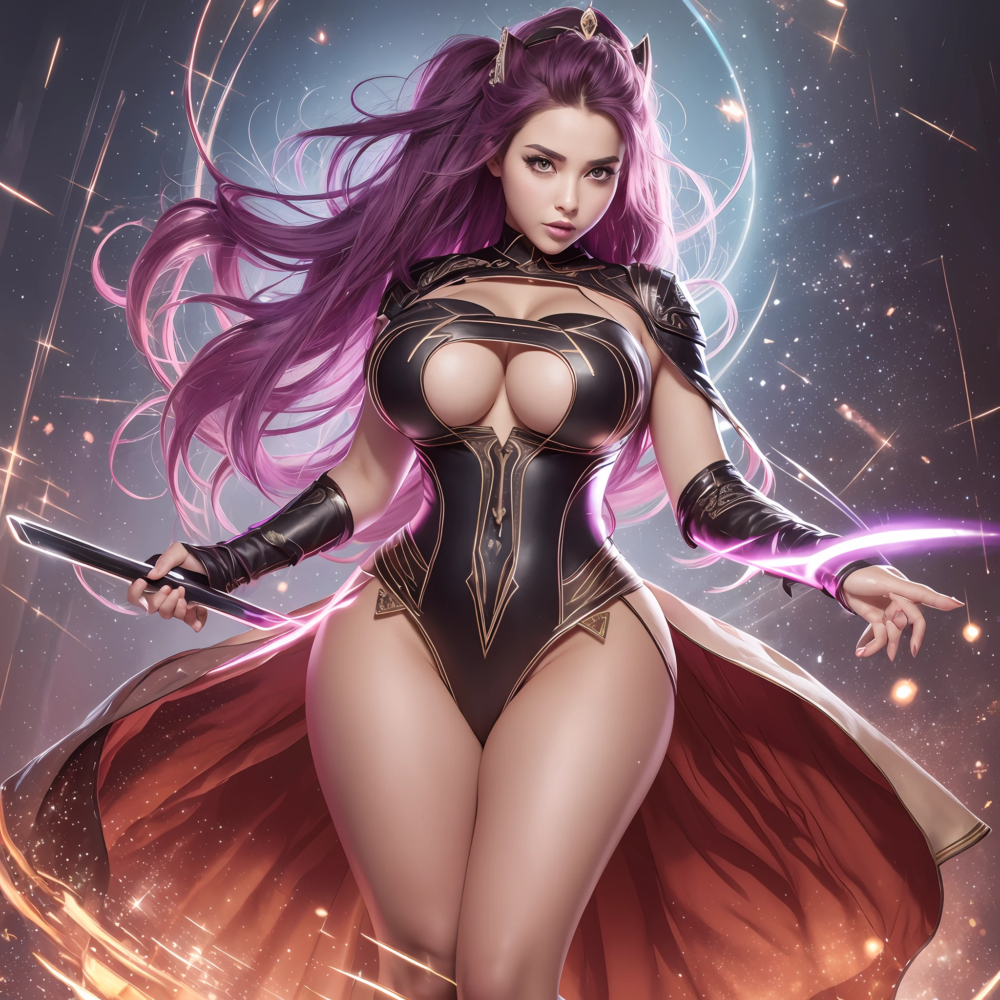 sorcerer , female hero details, 32k res, best quality, (((extremely glow skin))), solo, only 1 girl, smile face, big eyes with brown colored eyeliner, eyes detail, circular iris, rose red colored lipliner, special beautiful makeup, face details, thin and transparent her suit, medium breasts, huge breasts, thick ass, body detail, full body, wide view, masterpiece,