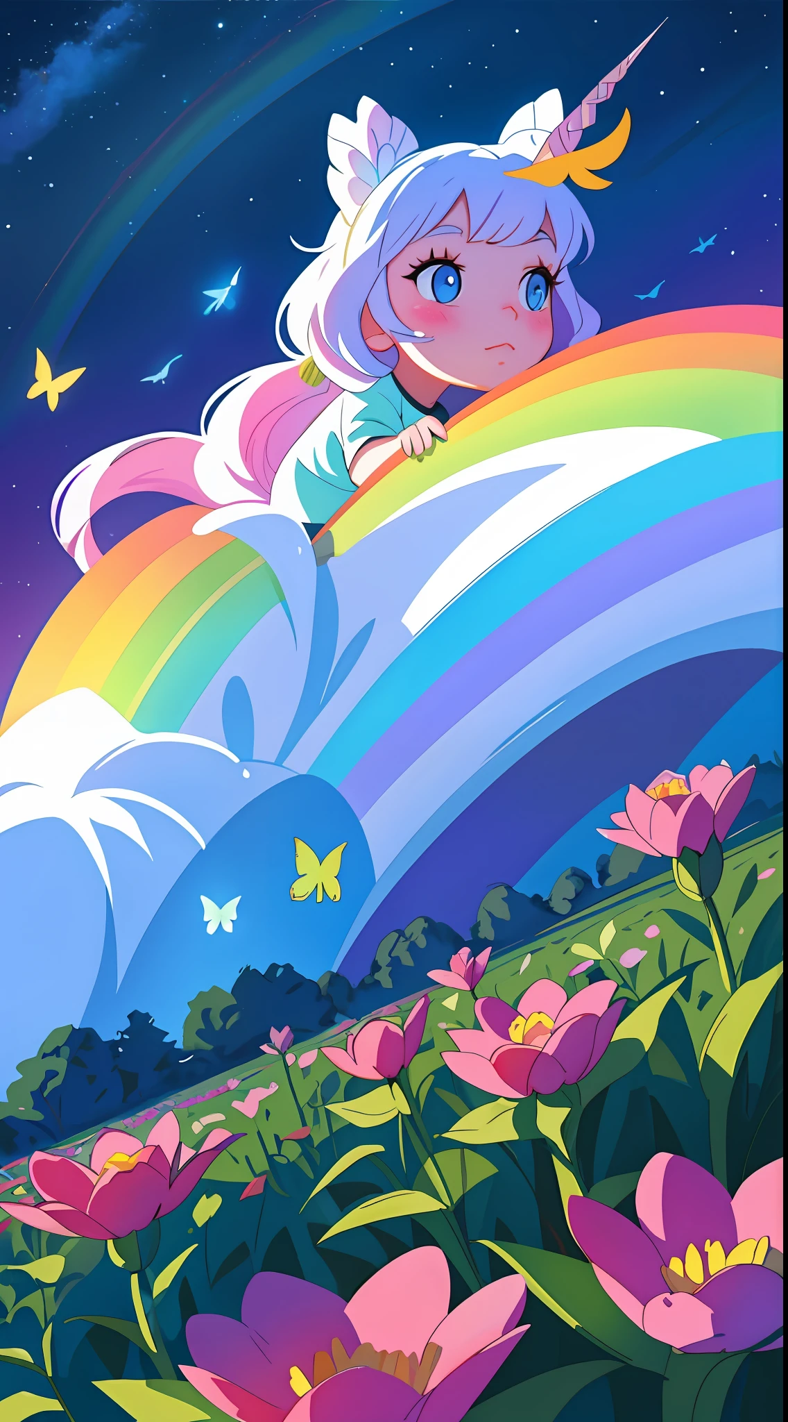 White rainbow unicorn looking directly at the camera, beautiful landscape environment, bright colors, many flowers and butterflies, very cute picture, like a children's book illustration, like a contest illustration, a lot of details, super detail, 4k quality, contrasting lighting, night sky