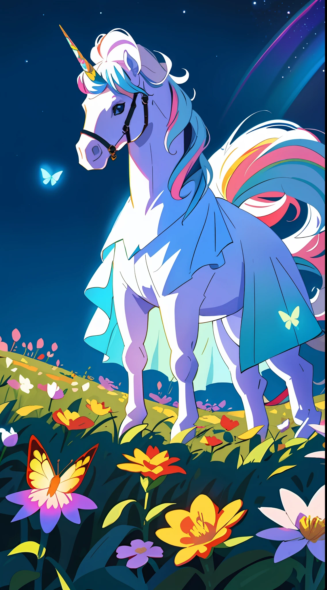 White rainbow unicorn looking directly at the camera, beautiful landscape environment, bright colors, many flowers and butterflies, very cute picture, like a children's book illustration, like a contest illustration, a lot of details, super detail, 4k quality, contrasting lighting, night sky