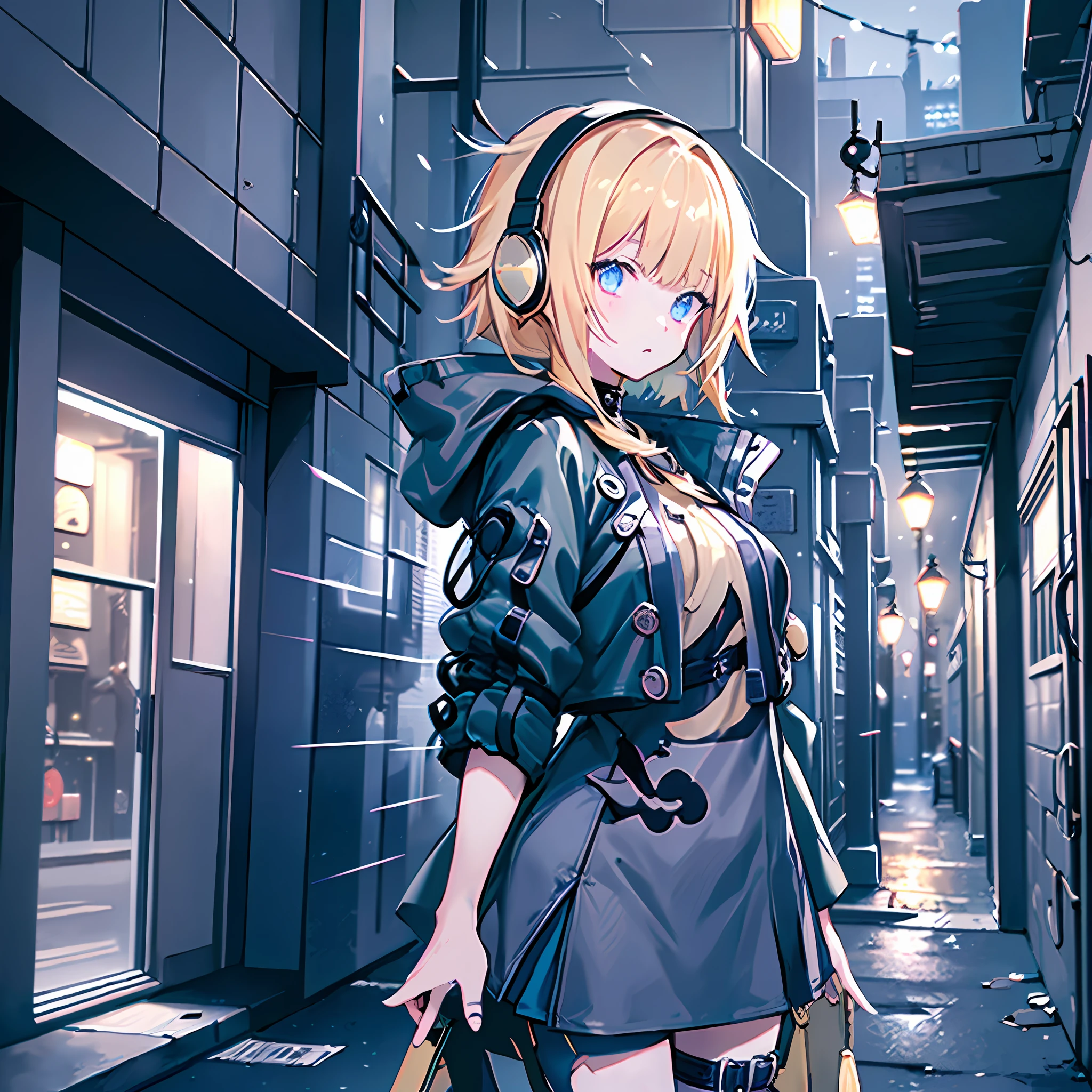 Cat-eared girl, wearing a folding trench coat, half-static, city street view (cityscape night: 1.2), (designated alleys: 1.4+ quiet streets), (embedded cute, simple), (dark light scene). Add white hair weight 1.3 and carry a large knife on your back