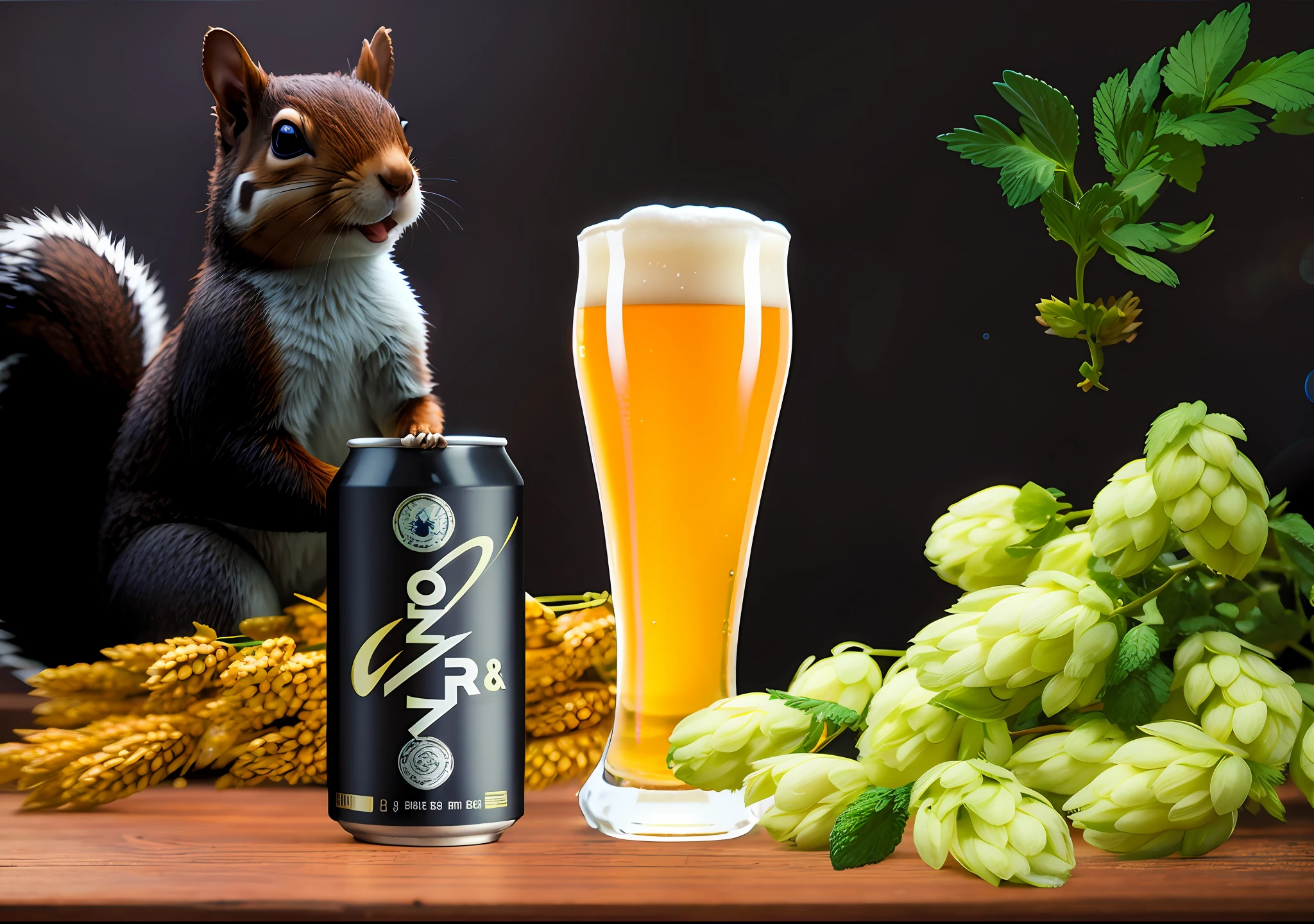 1 cute squirrel, (a glass of beer and a can of beer), barley, hops, on dark old plank, tall beer glass, black background, close-up of a glass of beer on a wooden board, dark background, realistic, detailed bubbles in beer, detailed beer foam, transparent beer, atmospheric light refraction, shot by lee jeffries, Nikon d850 film stock photo 4 Kodak Portra 400 camera f1.6 lens, rich colors, ultra-realistic realistic textures, dramatic lighting ,unreal engine trending on artstation cinestill 800,Style-Glass