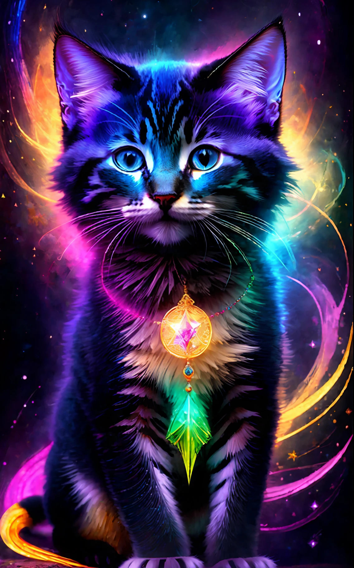 a painting of colored umabaleia on a black background,, breathtaking rendering, within a radiant connection, inspired by Kinuko Y. Craft,, magical elements, kitten icon, wow, is beautiful, casting a multi colorful spell, bright flash, flash