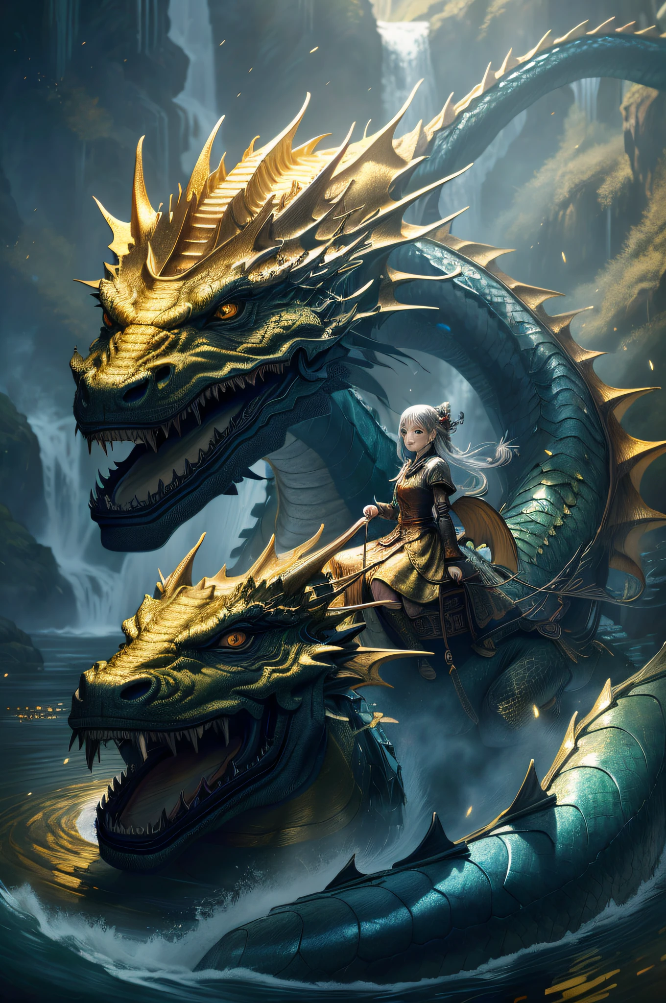 Masterpiece, top quality, Chinese fairy, 1 girl \ ( \) and gold and silver dragon, Chinese dragon pan, pan, dark gray background, glaring girl, (super detail)), 4K unity, (highly detailed CG: 1.2), (8k: 1.1), high resolution), (illustration: 1.1), (cinematic light: 1.1), fine-grained, intricate detail, (best illustration), 8K resolution, intricate detail, highest quality, realistic feeling, ultra detail, best illumination, best shadows, UltraHD, Cryengine, detailed reflections, detailed shadows, ((Complex detail)), smooth, ((Perfect shading)), High quality metal texture, metallic gloss, Highly detailed illustration, (Semi-realistic: 1.6), (Wide shot: 1.2), (from below, Dutch angle), (Beautiful eyes in detail: 1.1), (Lifelike body: 1.2), viewer watch, ((Golden Giant Dragon: 1.6)), (glowing eyes\[Magic Square of Eyes [yellow\]), silvery long hair, hairs between eyes, Sigma 135mm lens, (giant waterfall background),