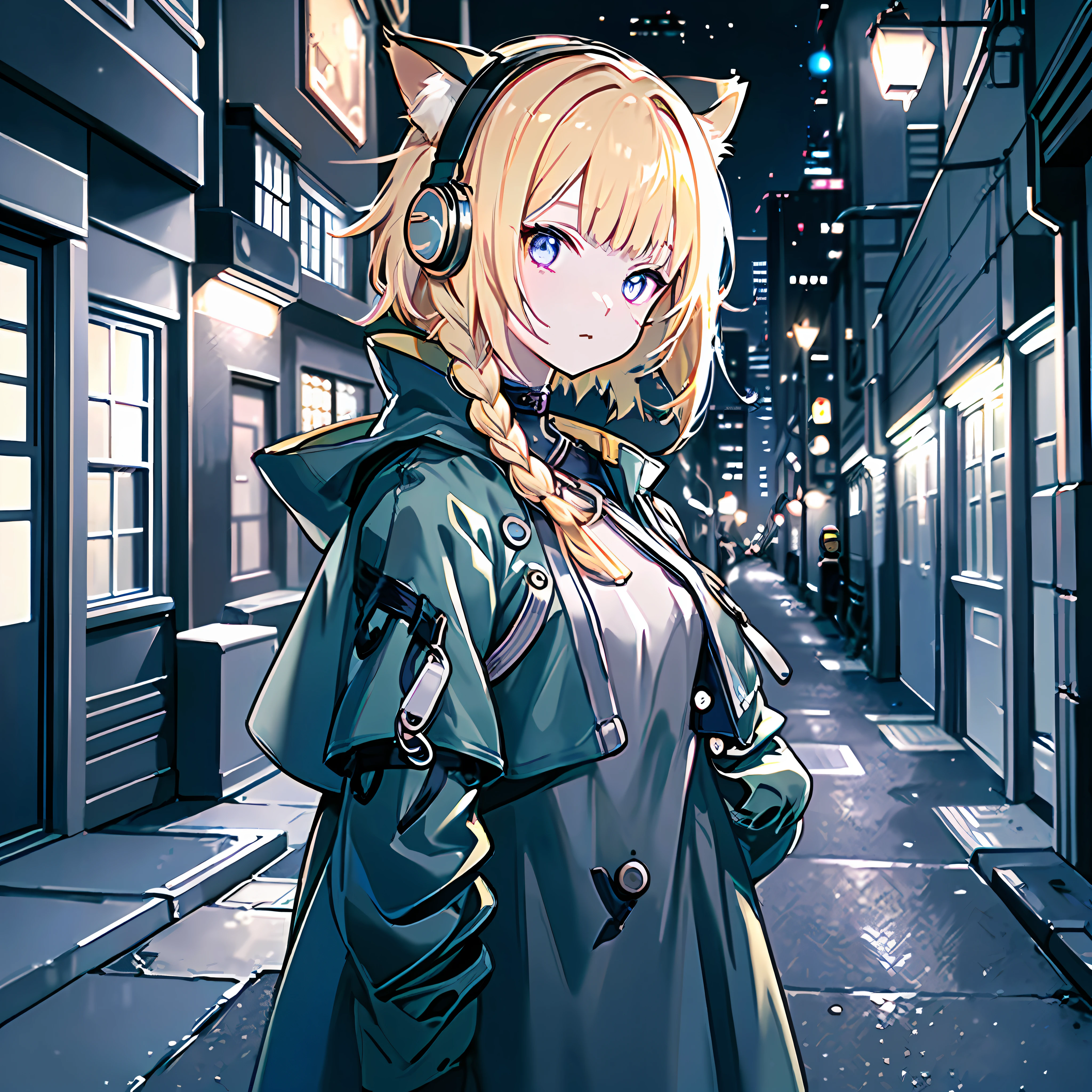 Cat-eared girl, wearing a folding trench coat, half-static, city street view (cityscape night: 1.2), (designated alleys: 1.4+ quiet streets), (embedded cute, simple), (dark light scene). Add white hair weight 1.3 and carry a large knife on your back