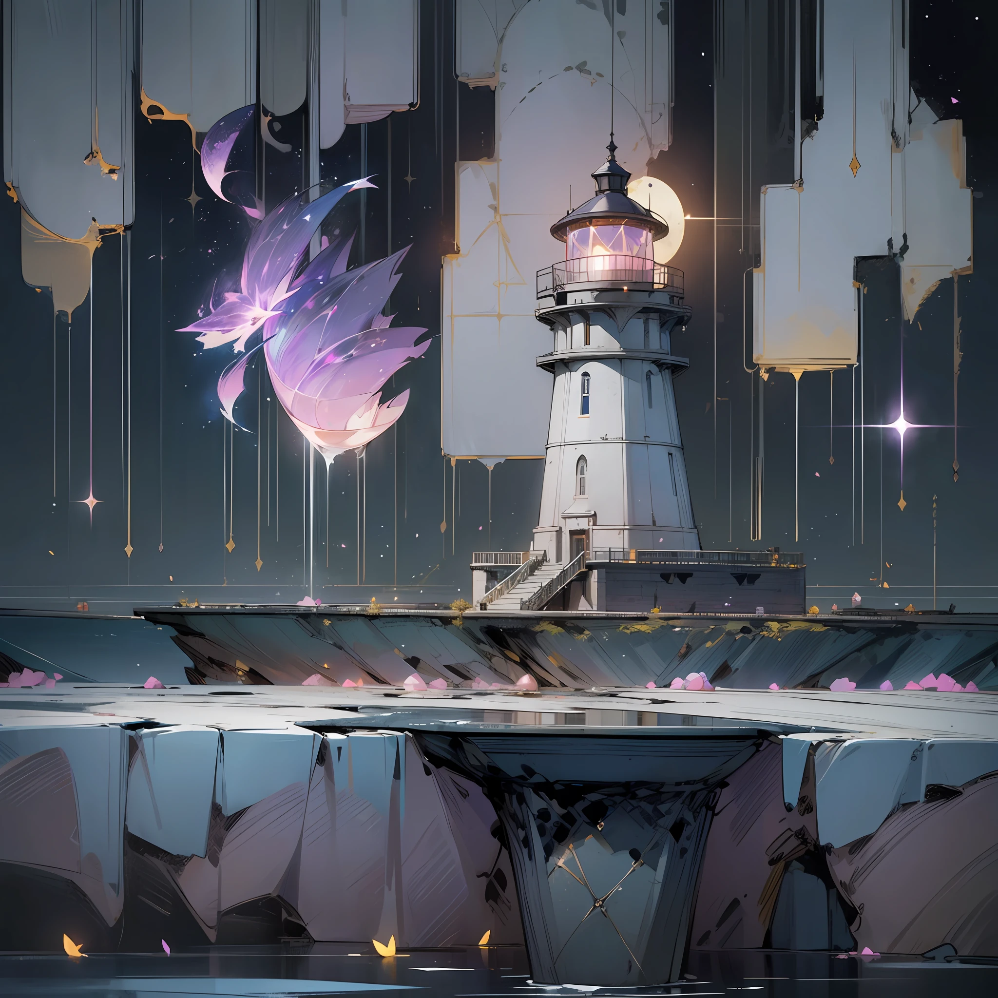 Extensive landscape ultrasound photography (general view, which shows a glass lighthouse standing on a stone ledge in the sea), (detailed description of the lighthouse), a bright light burns inside the lighthouse (in detail), waves (in detail), seagulls (in detail), night, starry sky, moon, meteors (in detail), sea (in detail), the reflection of the moon on the water surface, the reflection of full shooting stars on the surface of the sea, the burning surface of the lake, moths (1: 3), fireflies (1: 3), (ultra-detailed description of appearance), burning beacon (crystals: 1,2), BREAK production art, (cold light source:1.2), (Firefly:1.2),lilac, purple, fire particles, colors, complex details, volumetric lighting, realistic fantasy BREAK (masterpiece:1.2), (best quality), 4k, ultra-detailed, (dynamic composition: 1.4), highly detailed, colorful details, (gloomy colors: 1.2), (luminous lighting, atmospheric lighting), gloomy, dark, magical, (solo: 1.2) --auto --s2