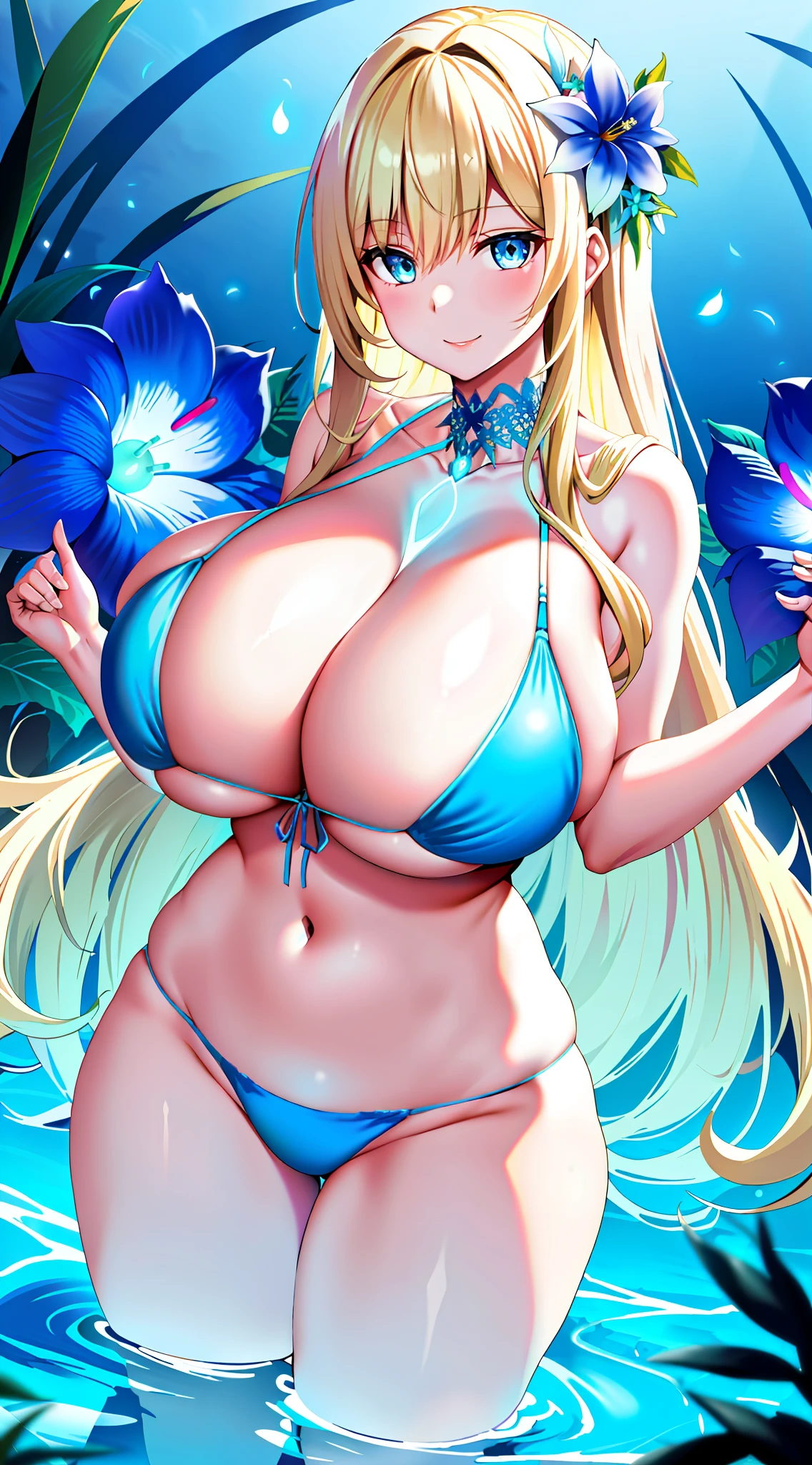 ((Colossal tits)) Big breasts Boobs (glowing blue eyes) Blonde White skin Long hair Bikini swimsuit Flower hair ornament