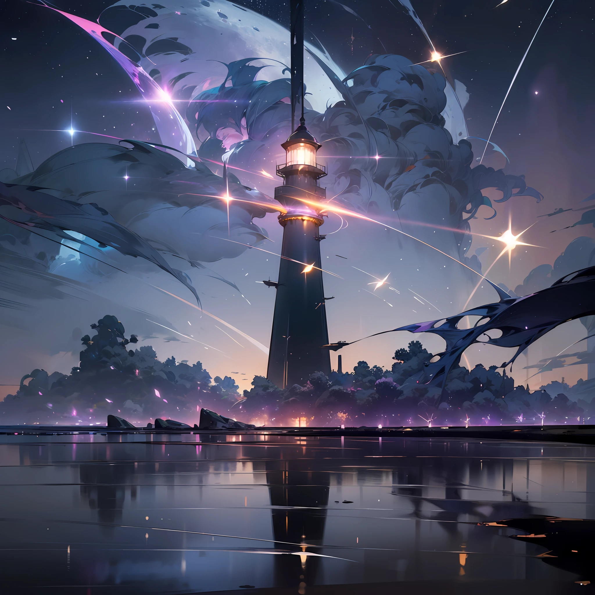Extensive landscape ultrasound photography (general view, which shows a glass lighthouse standing on a stone ledge in the sea), (detailed description of the lighthouse), a bright light burns inside the lighthouse (in detail), waves (in detail), seagulls (in detail), night, starry sky, moon, meteors (in detail), sea (in detail), the reflection of the moon on the water surface, the reflection of full shooting stars on the surface of the sea, the burning surface of the lake, moths (1: 3), fireflies (1: 3), (ultra-detailed description of appearance), burning beacon (crystals: 1,2), BREAK production art, (cold light source:1.2), (Firefly:1.2),lilac, purple, fire particles, colors, complex details, volumetric lighting, realistic fantasy BREAK (masterpiece:1.2), (best quality), 4k, ultra-detailed, (dynamic composition: 1.4), highly detailed, colorful details, (gloomy colors: 1.2), (luminous lighting, atmospheric lighting), gloomy, dark, magical, (solo: 1.2) --auto --s2