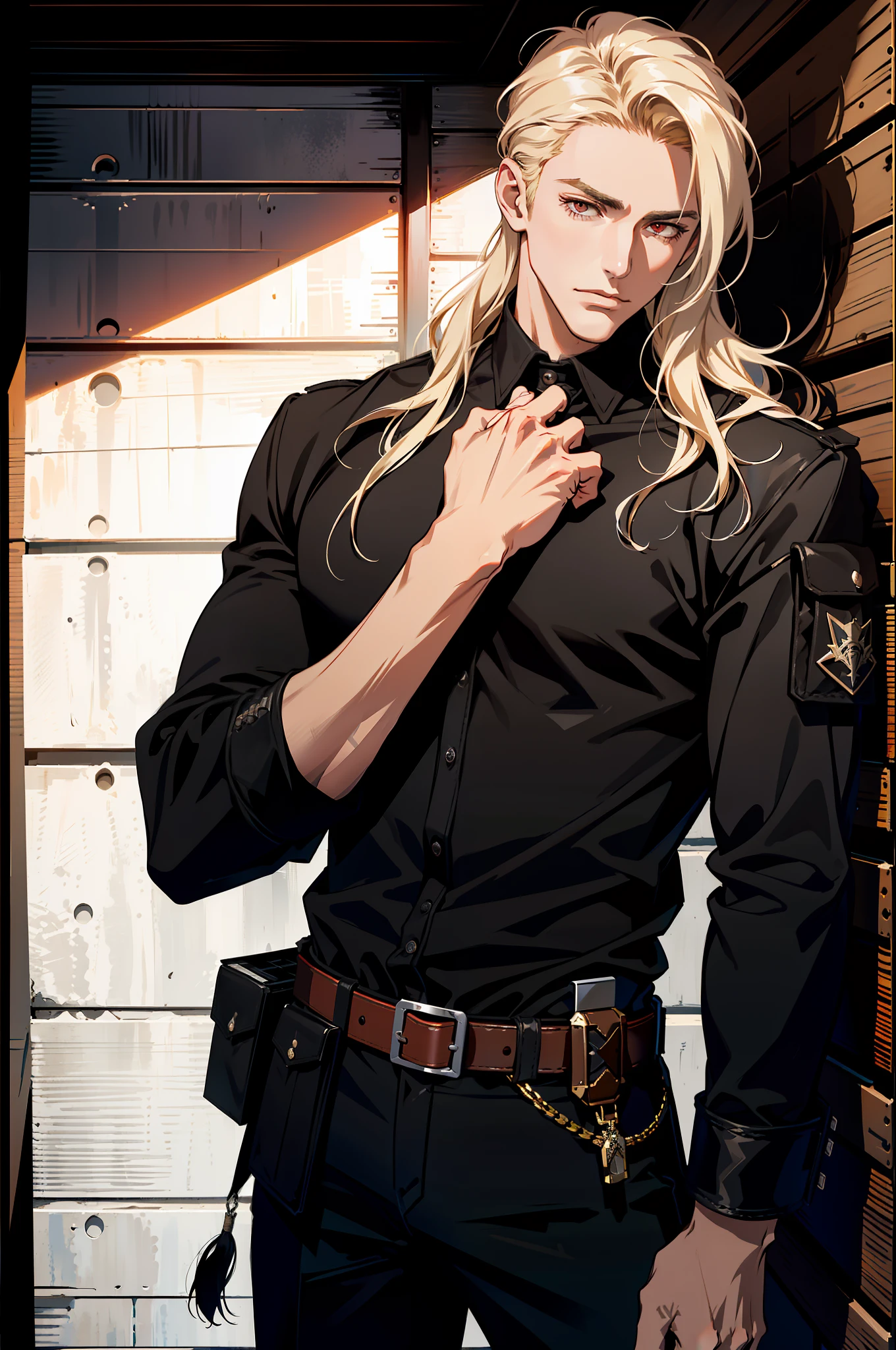 (MLS), medium large shoot, MLS, (absurd res, high res, ultra detailed), 1 male, adult, handsome, tall muscular guy, broad shoulders, blonde long hair, red eyes, finely detailed eyes, looking at viewer, solo, no background, detailed face, smirk, renegade, rugged dark leather clothes, small leather pouch, high fantasy medieval setting, smuggler hideout background, stealth, undercover, (crates in background), shadows, fog, (dutch angle), ((portrait)), black shirt, leather black jacket, hand on chest