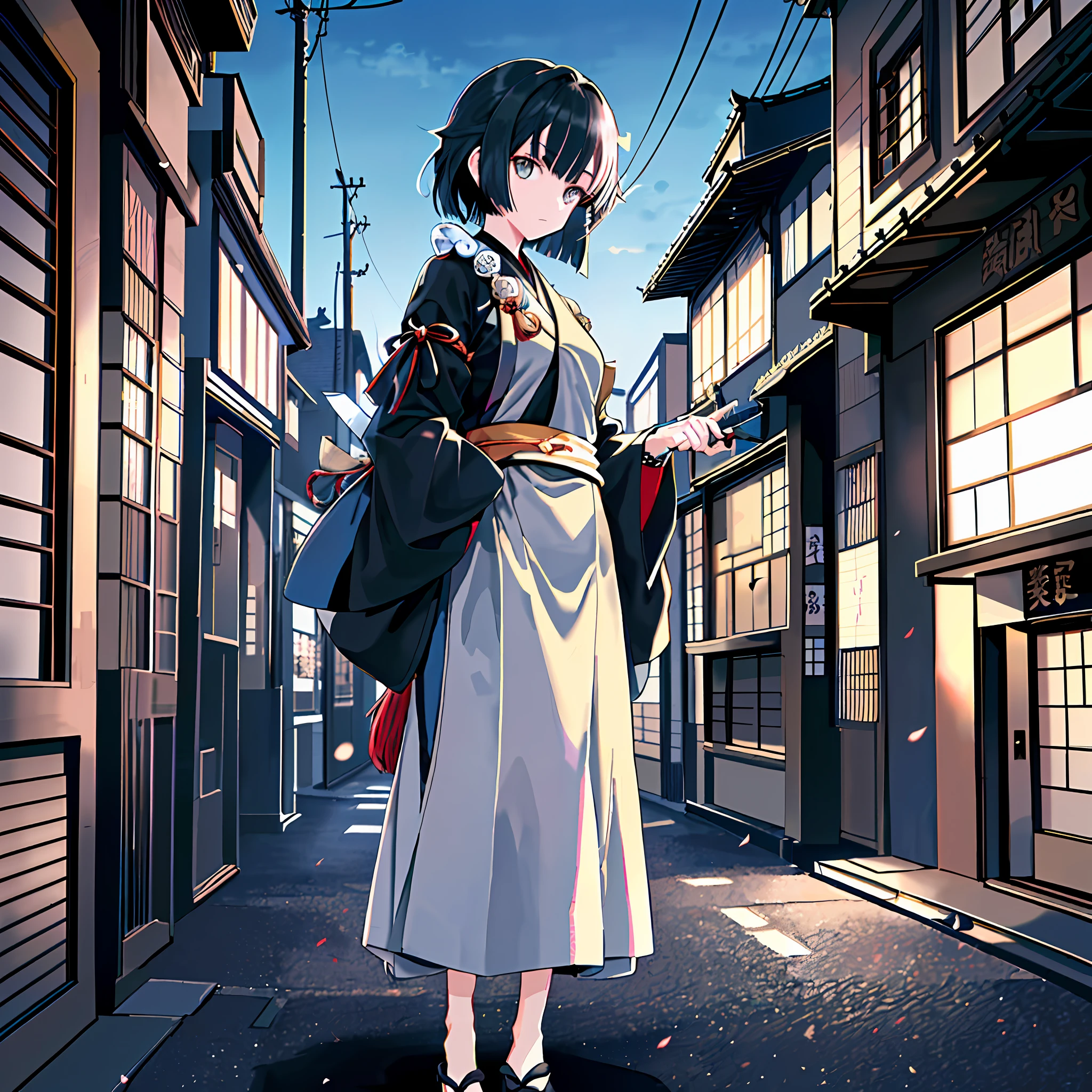 (Japanese style: 1.2), high-quality scene, (bustling street: 1.3) (black clothes: 1.3 + black hair: 1.3) royal sister, strong light and shadow HD full-body lens, fine presentation (knife: 1.2 + clothing pattern: 1.2).