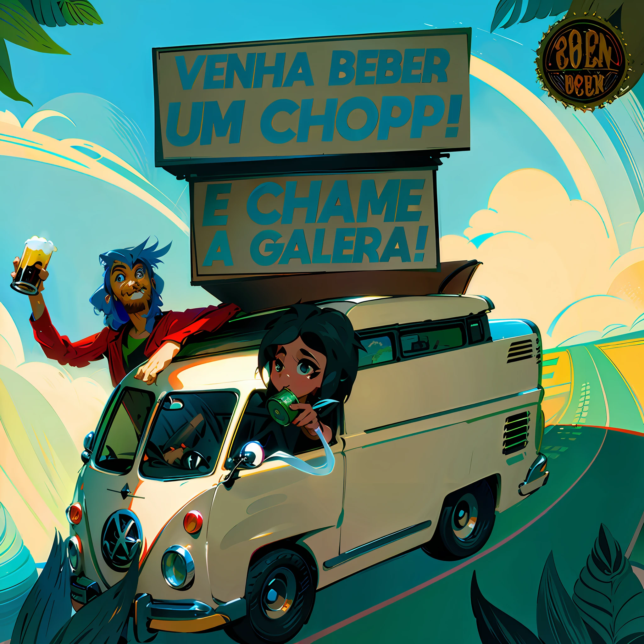there is a cartoon van driving down the road with a dog on the roof, album art cover, by Veno Pilon, by Leo Valledor, album artwork, chillhop, album cover, kombi, by Americo Makk, beer, beer advertisement, artwork, hippie, hippy, by Robert Combas, 8 h