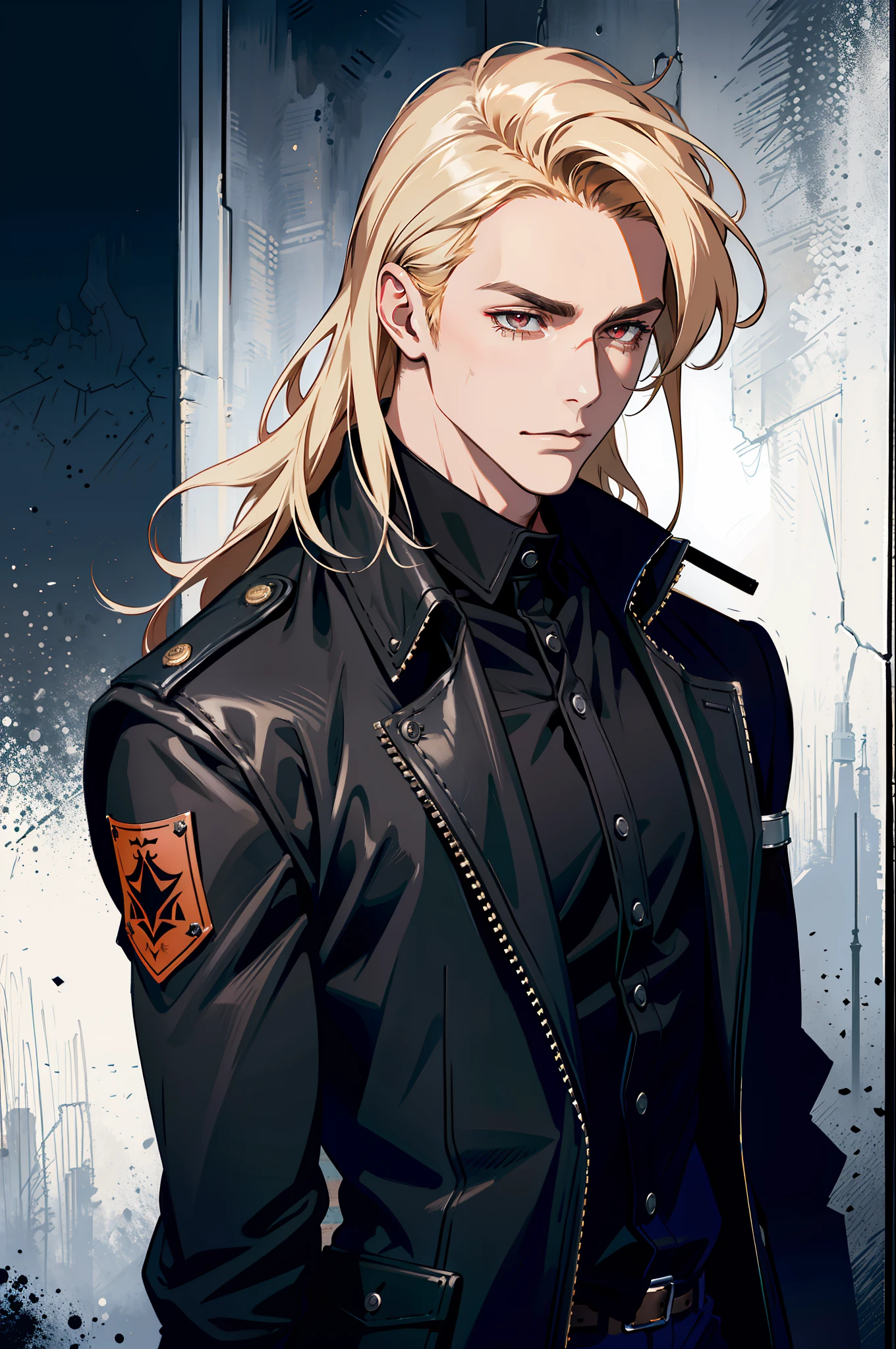 (MLS), medium large shoot, MLS, (absurd res, high res, ultra detailed), 1 male, adult, handsome, tall muscular guy, broad shoulders, blonde long hair, red eyes, finely detailed eyes, looking at viewer, solo, no background, detailed face, smirk, renegade, rugged dark leather clothes, small leather pouch, high fantasy medieval setting, smuggler hideout background, stealth, undercover, (crates in background), shadows, fog, (dutch angle), ((portrait)), black shirt, leather black jacket, hand on chest