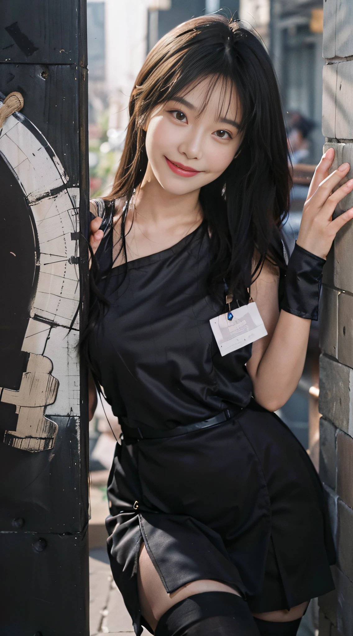 (masterpiece), best quality, high resolution, an extremely beautiful and sexy, charming smile, wearing black silk stockings, leaning against the wall, beautiful body proportion, dynamic angle, playful and teasing expression.