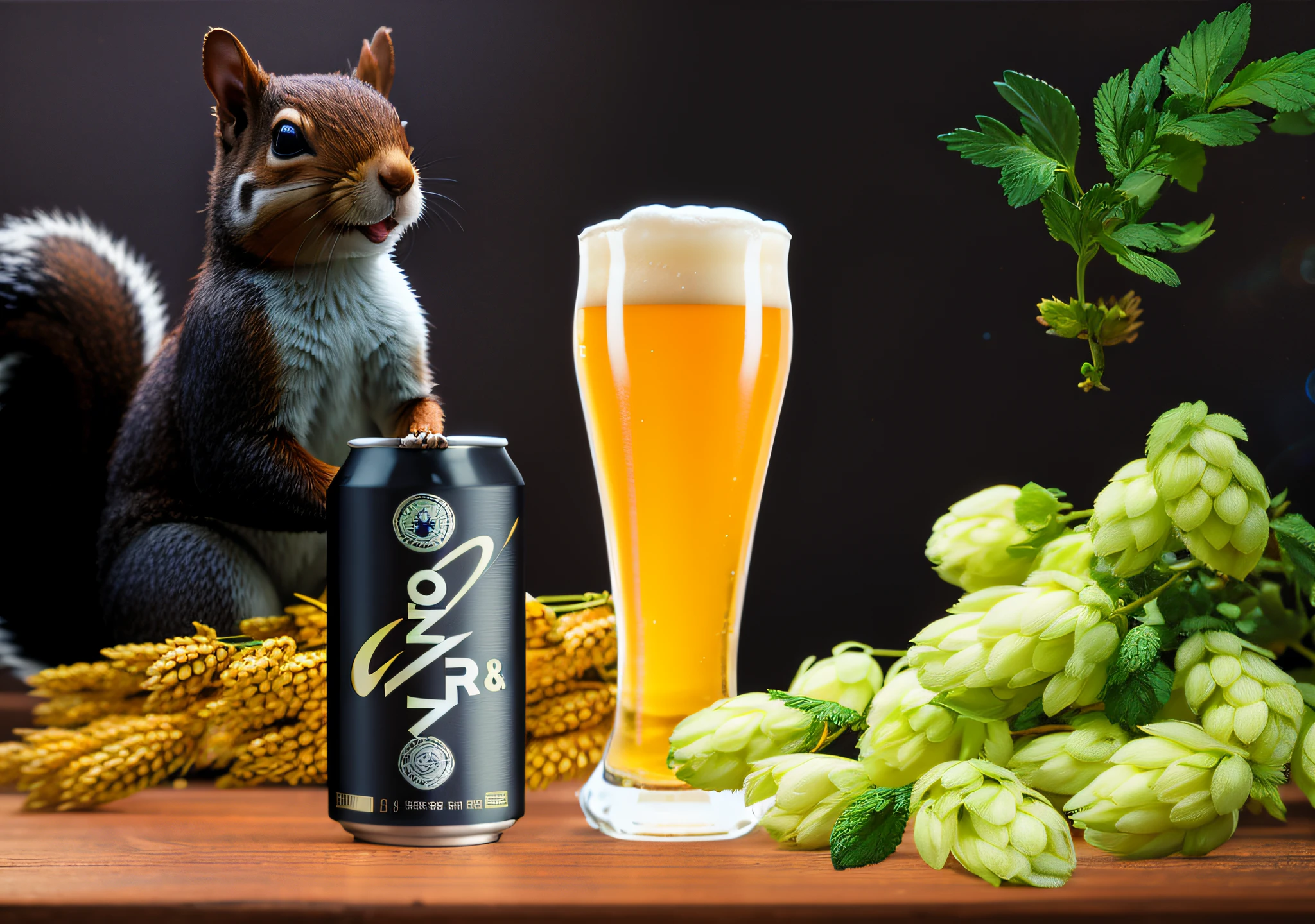 1 cute squirrel, (a glass of beer and a can of beer), barley, hops, on dark old plank, tall beer glass, black background, close-up of a glass of beer on a wooden board, dark background, realistic, detailed bubbles in beer, detailed beer foam, transparent beer, atmospheric light refraction, shot by lee jeffries, Nikon d850 film stock photo 4 Kodak Portra 400 camera f1.6 lens, rich colors, ultra-realistic realistic textures, dramatic lighting ,unreal engine trending on artstation cinestill 800,Style-Glass