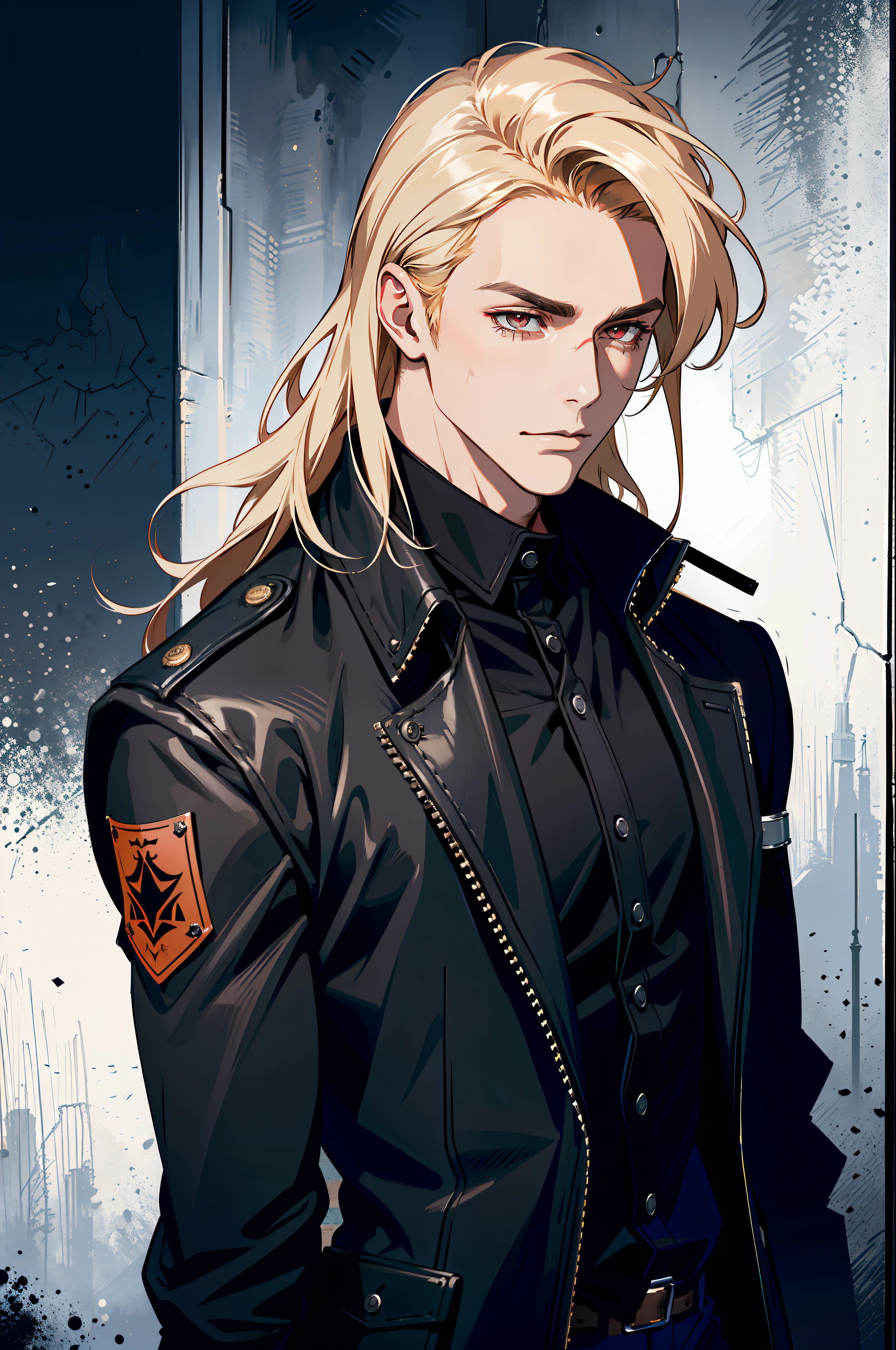 (MLS), medium large shoot, MLS, (absurd res, high res, ultra detailed), 1 male, adult, handsome, tall muscular guy, broad shoulders, blonde long hair, red eyes, finely detailed eyes, looking at viewer, solo, no background, detailed face, smirk, renegade, rugged dark leather clothes, small leather pouch, high fantasy medieval setting, smuggler hideout background, stealth, undercover, (crates in background), shadows, fog, (dutch angle), ((portrait)), black shirt, leather black jacket, hand on chest