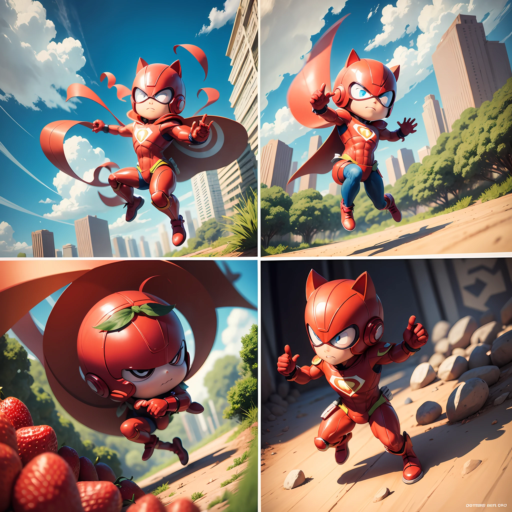 cartoon illustration of a fruit strawberry superhero, with hands and feet, comic design, hero 2 d fanart artsation, chibi, commission art, superhero, superhero portrait, cel clean shading, strawberry fighting, clean cel shaded vector art, superhero art, fused character, mascot illustration, anime style, multiple views, from above, Action painting,  En plein air, speed lines, three sided view, from outside --auto --s2