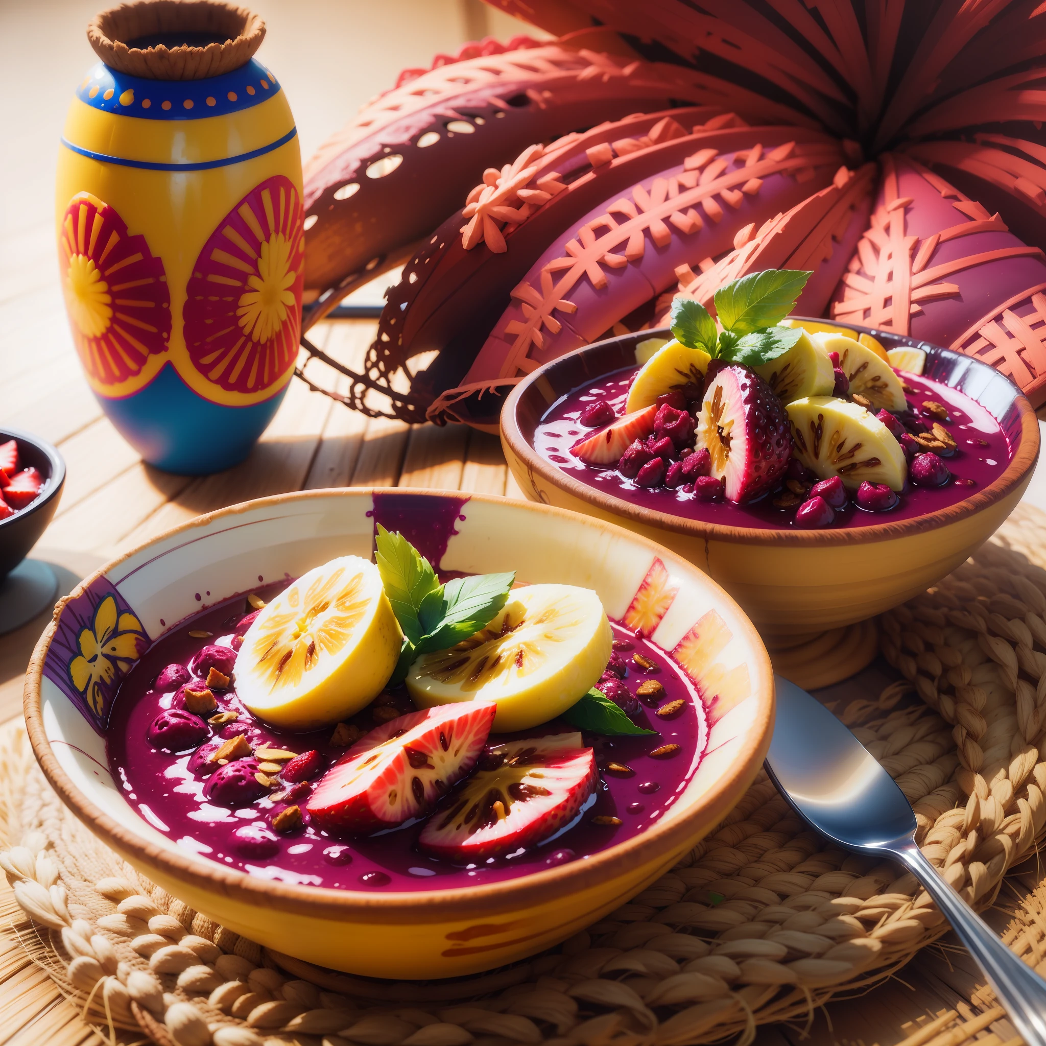 Create a vibrant digital illustration of a traditional Pará scene focusing on a bowl of açaí, a popular dish from Brazil's northern region. The illustration should have a semi-realistic or 3D style. highly creamy acai. Surround the environment with a variety offruits, banana, strawberry, flour, granola. Capture the vibrant colors and textures of items