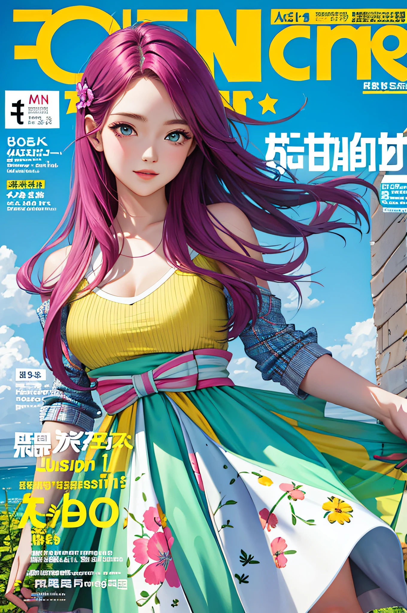 masterpiece, best quality, spring outfit, colorful hair, outdoor, magazine cover ,upper body,