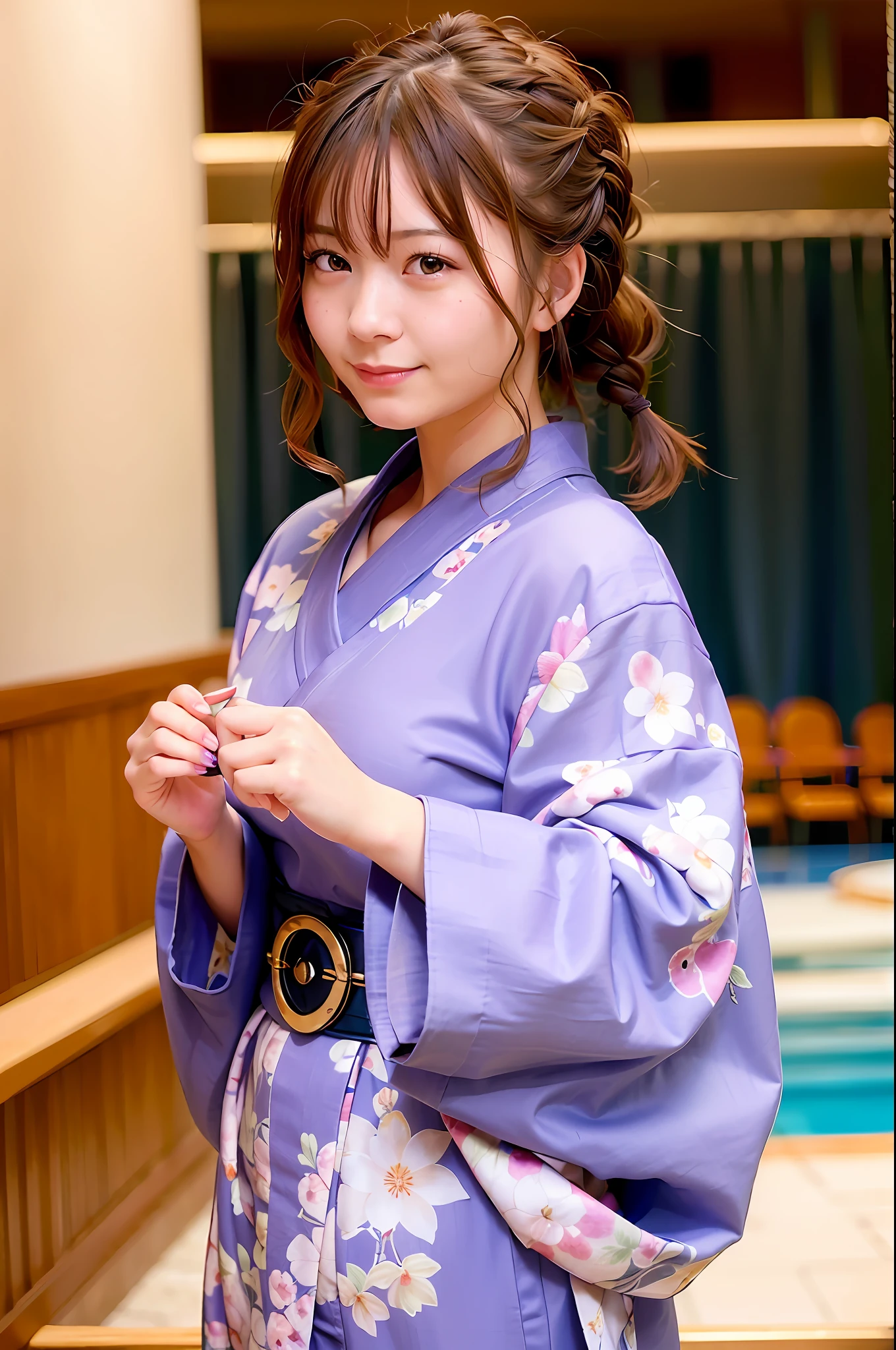 Woman taking photo with hands behind her back (kimono_clothes, colorful dress: 1.3), beautiful jpd_woman, perfect jpd_face, perfect jpd_body,
Good hands, 4K, high resolution, masterpiece, top quality, head: 1.3, (((Hasselblad photo)), fine skin, sharp focus, (film lighting), collarbone, night, soft lighting, dynamic angle, [:( detail face: 1.2]: 0.2], (((5 star hotel))), outside, (a casual cotton kimono: 1.4), brown hair, (shortcut), floating hair, ( (braided hair))