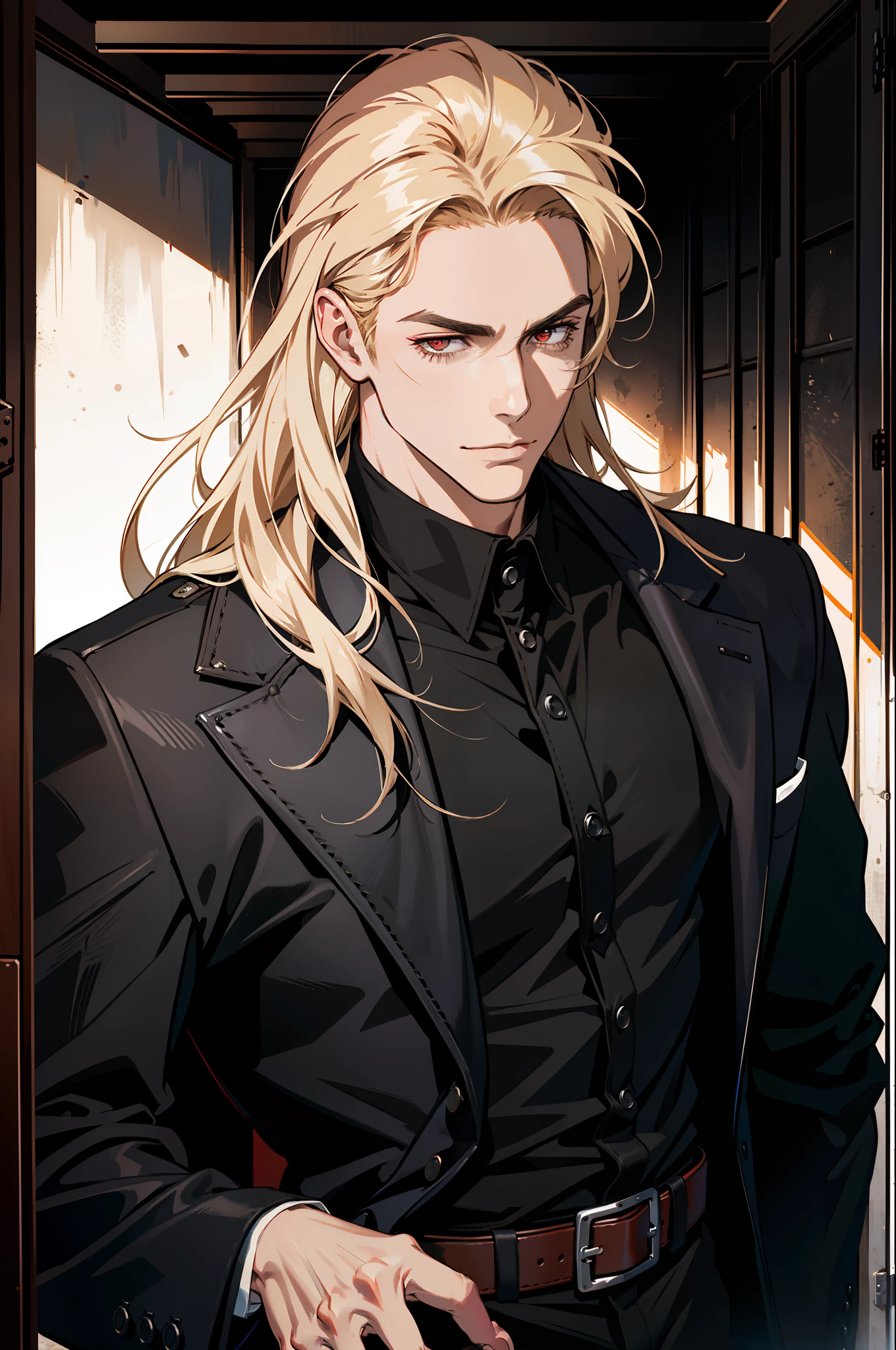 (MLS), medium large shoot, MLS, (absurd res, high res, ultra detailed), 1 male, adult, handsome, tall muscular guy, broad shoulders, blonde long hair, red eyes, finely detailed eyes, looking at viewer, solo, no background, detailed face, smirk, renegade, rugged dark leather clothes, small leather pouch, high fantasy medieval setting, smuggler hideout background, stealth, undercover, (crates in background), shadows, fog, (dutch angle), ((portrait)), black shirt, black jacket, hand on chest