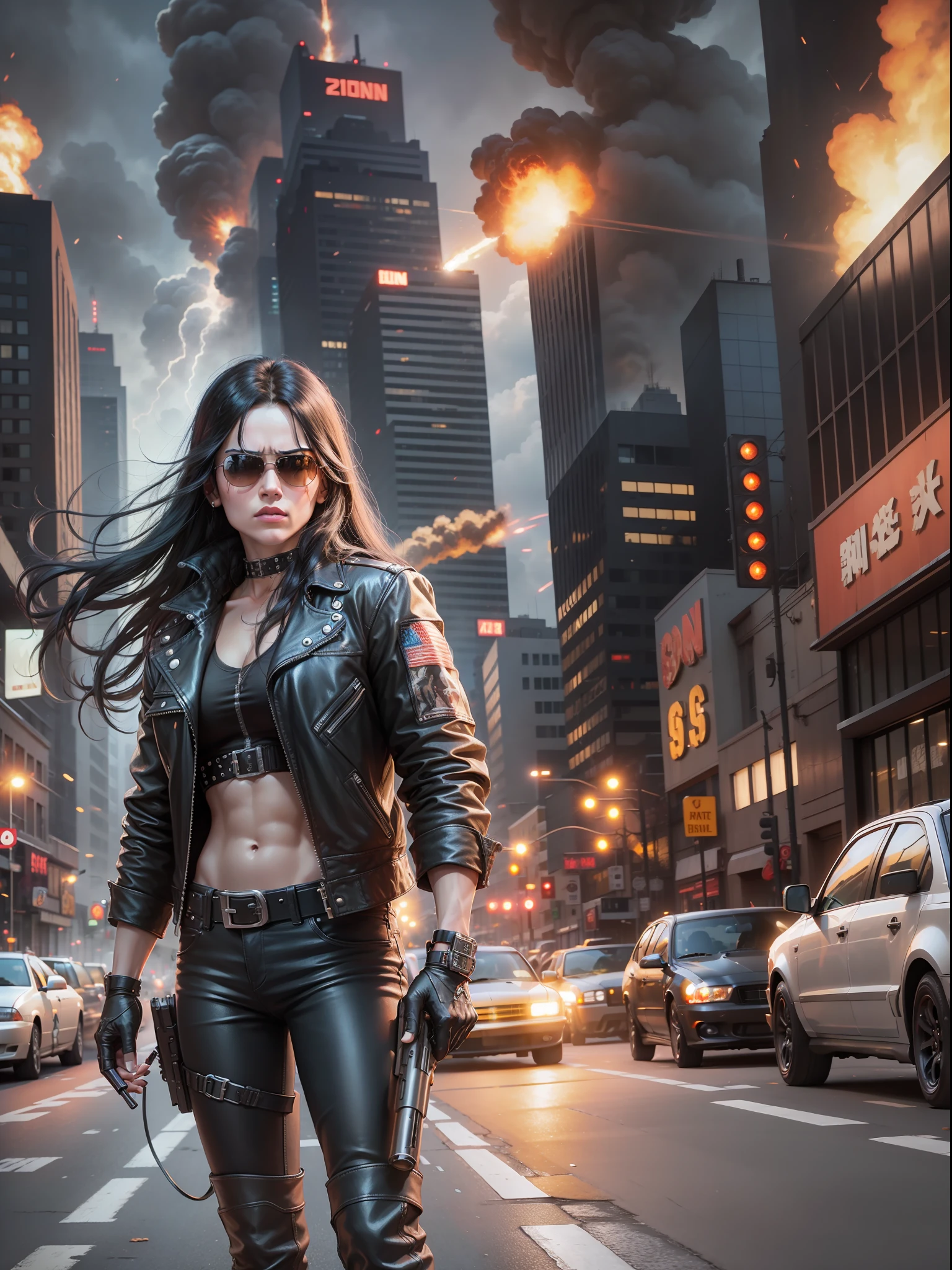 Terminator, long black hair, rivets, shoots with a big gun on the city street with explosions behind, movie poster