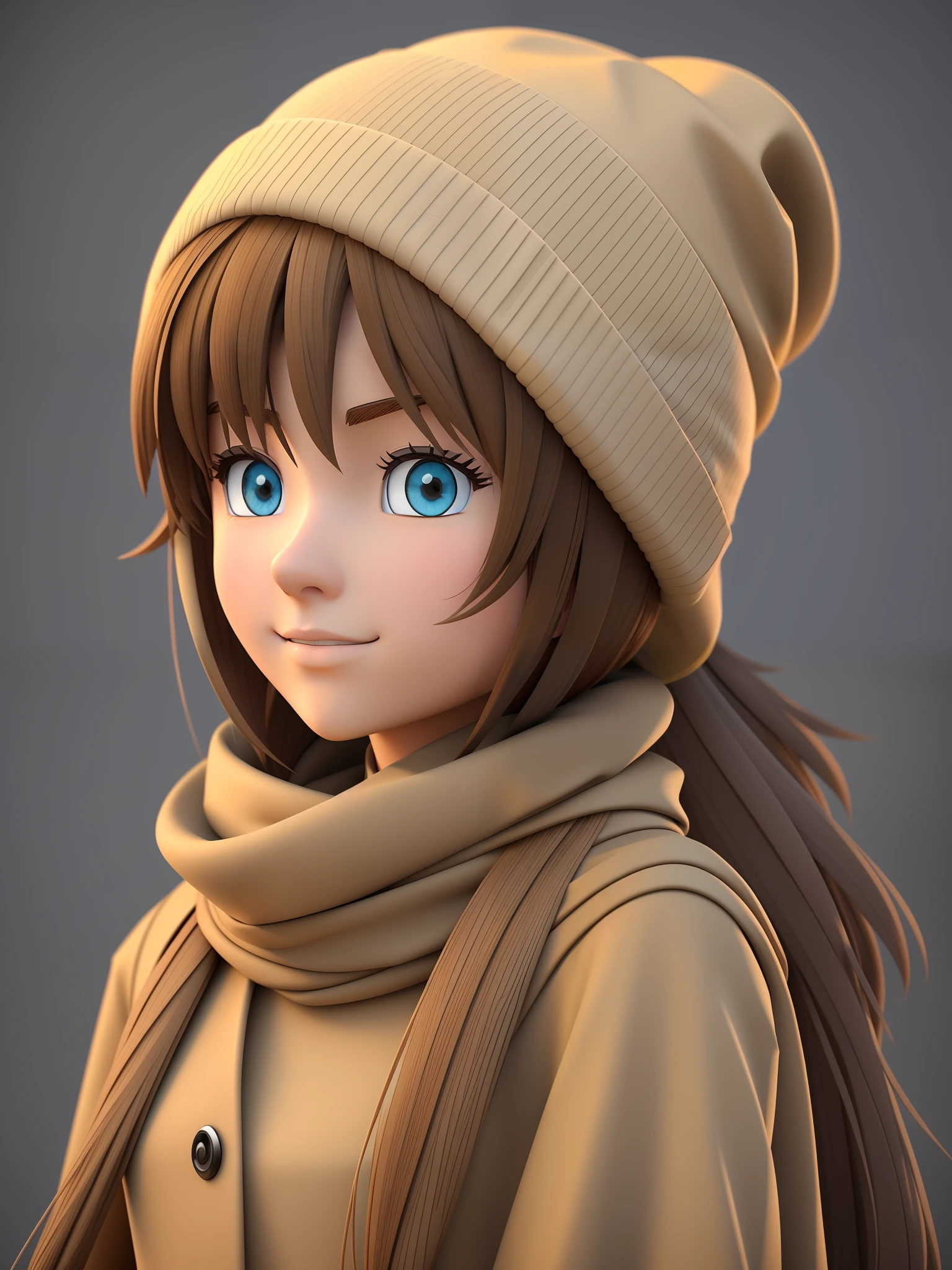 Young girl, a closeup of a cartoon character wearing a light brown hat and scarf, stylized character, animated character, stylized 3d render, 3d character, highly detailed character, stylized anime, stylized 3d, render character, character model