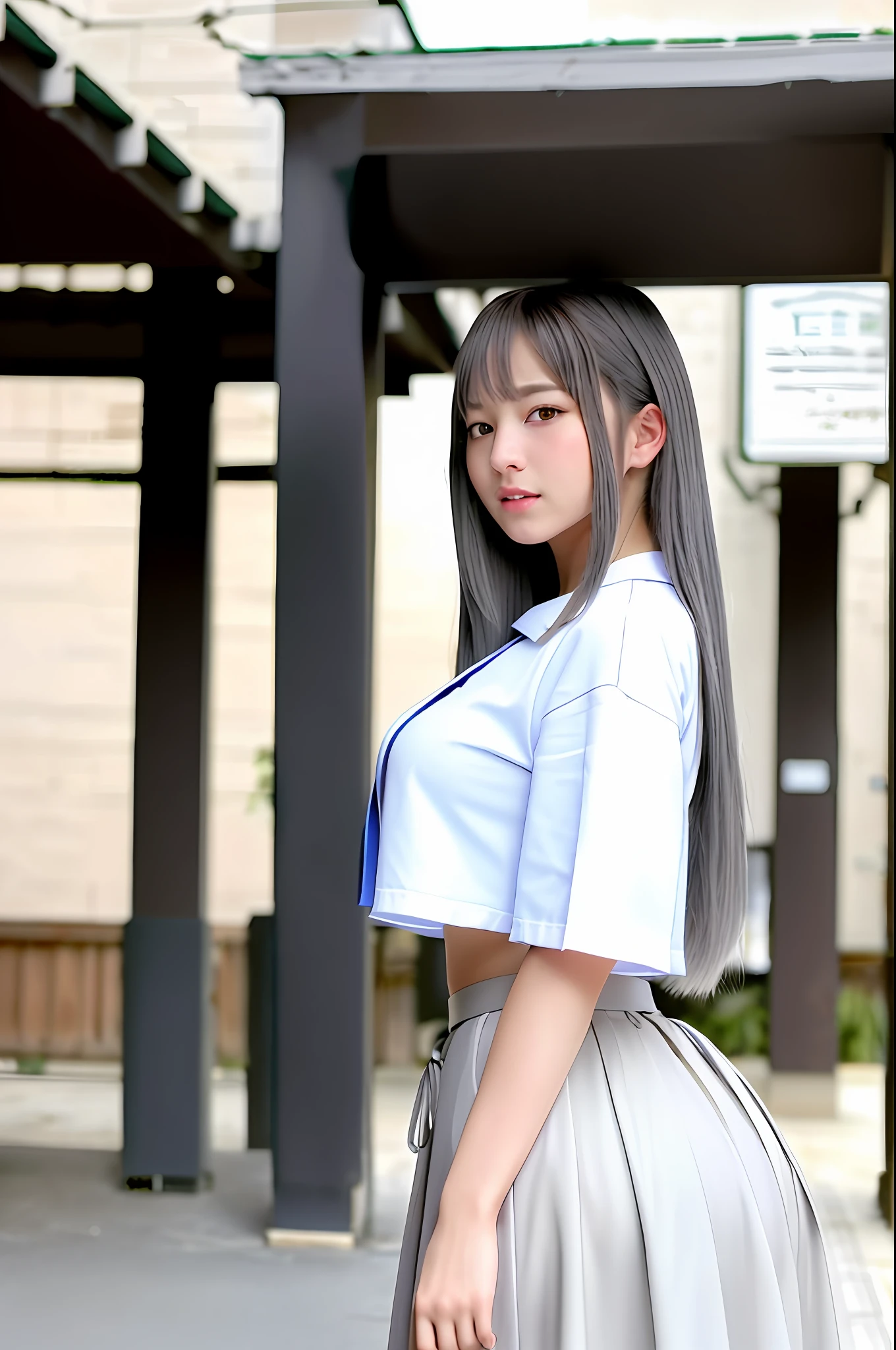 ((((((looking at camera)))))), Photo, Best Quality, Masterpiece, Super Resolution, (Photoreal: 1.4), 1 very young Caucasian girl, 18 years old, very white beautiful face, white face, Smile, long black hair, (((huge bust))), tall, long legs, white shirt, (((gray skirt))), famous Japanese actress, very beautiful, 8k, full body, town, sidewalk , ((((((equal body)))))),(((from side)))