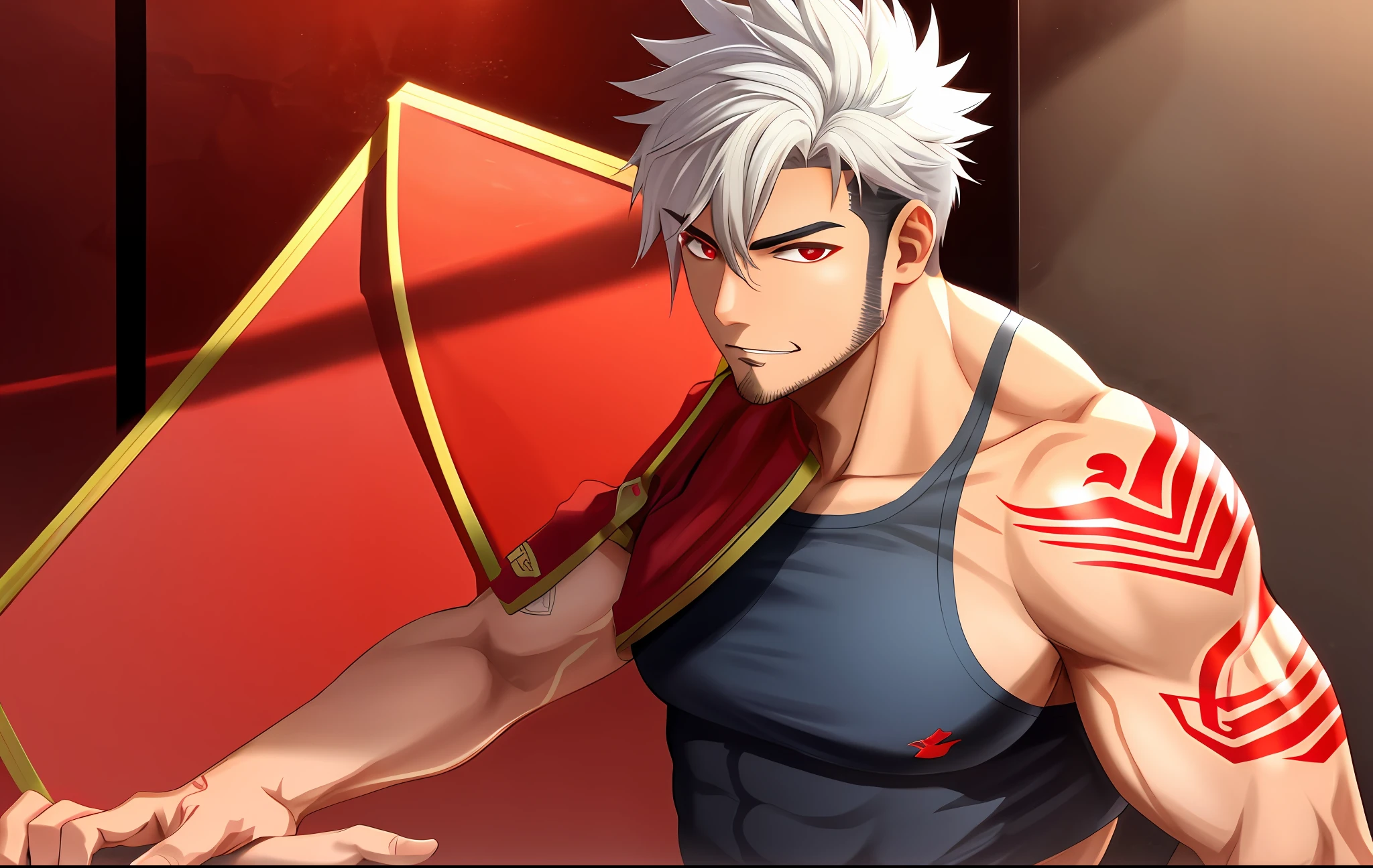 yuji itadori, priapus, red eyes, stubble, tattoo, sexually suggestive, muscular male, naughty face, detailed eyes, mature male, solo, bara, yaoi,