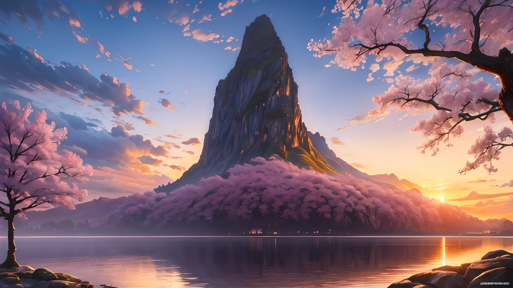 (masterpiece, best quality:1.2), ultra detailed, cinematic lighting, HDR, ilustration, landsape, sunrise, cherry blossom, impressive, chill, inspirational,