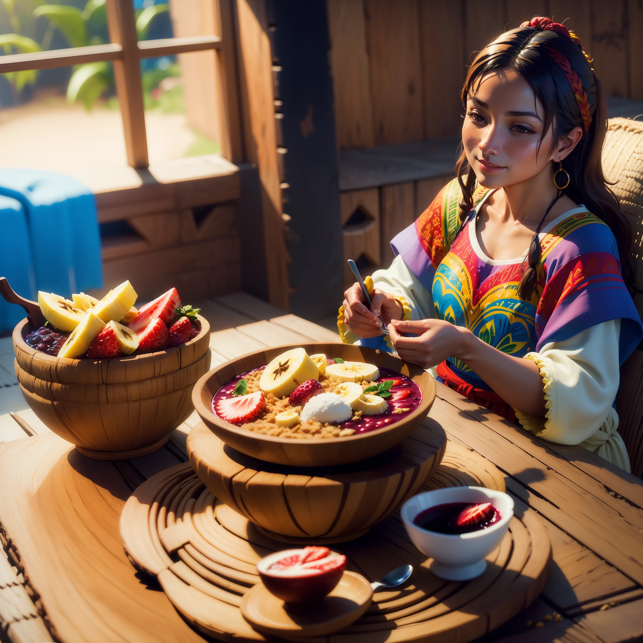 Create a vibrant digital illustration of a traditional Pará scene focusing on a bowl of açaí, a popular dish from Brazil's northern region. The illustration should have a semi-realistic or 3D style. highly creamy acai. Surround the environment with a variety offruits, banana, strawberry, flour, granola. Capture the vibrant colors and textures of items