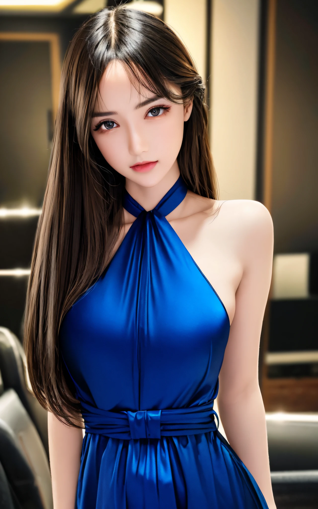 Superb, Ultra High Quality, Realistic, Beauty, (Beautiful Face: 1.4), (Big, Constricted Waist), Long Hair, Indoor, Bokeh, Beauty, Glossy Skin, Small Head, Full Body, Lingerie, Blue