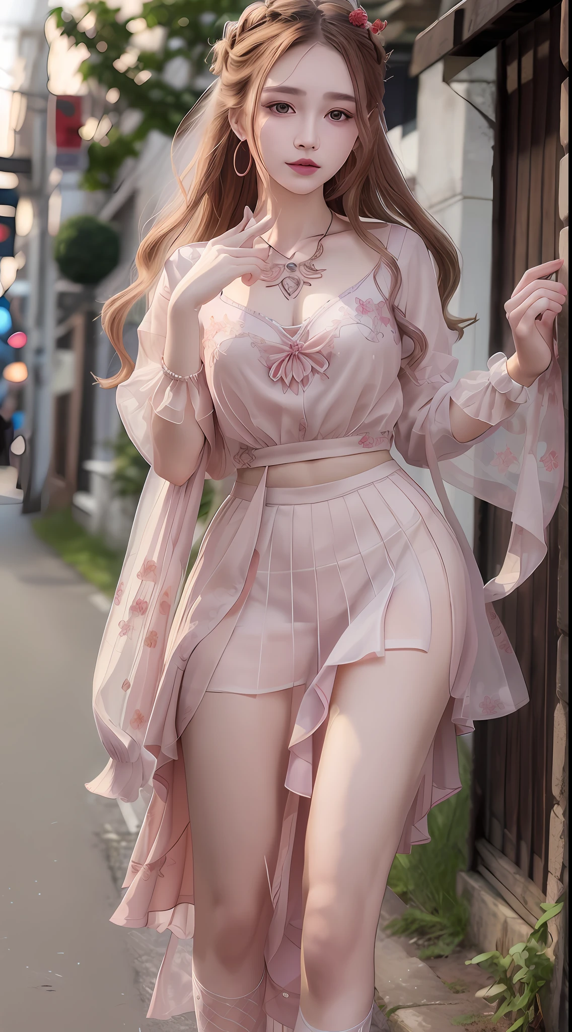 Highest image quality, best quality, unlimited details, 8k resolution, a delicate beautiful girl, goddess, fairy fluttering, beautiful eyes, charming eyes, moist lips, long white hair, slightly curly, net red face, detailed portrayed face, detailed portrayed expression, detailed portrayed facial features, master masterpiece, detailed depicted character, detailed portrayed background, detailed portrayed characters, detailed portrayed hair, detailed portrayed hair, detailed portrayed body, detailed portrayed hands, detailed portrayed clothes, detailed portrayed face, Perfect face, ultimate arm, hair, facing the viewer, shirt, boots, necklace, lipstick, earrings, sunset, standing posture, full body photo, master work, infinitely close to reality, distant full body view, holding mobile phone, urban street view