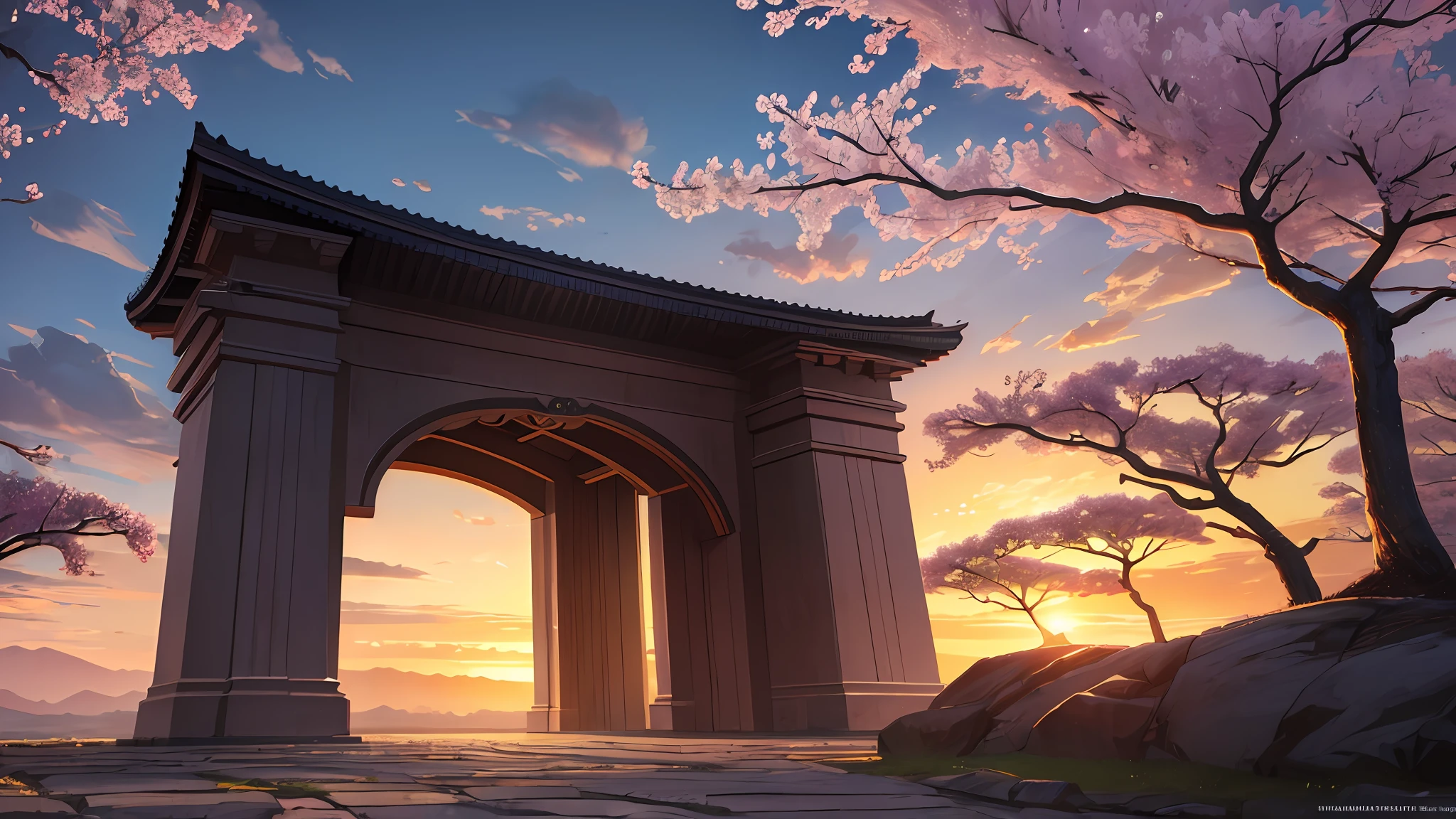 (masterpiece, best quality:1.2), ultra detailed, cinematic lighting, HDR, ilustration,  landsape,  sunrise,  cherry blossom, impressive, chill, inspirational,