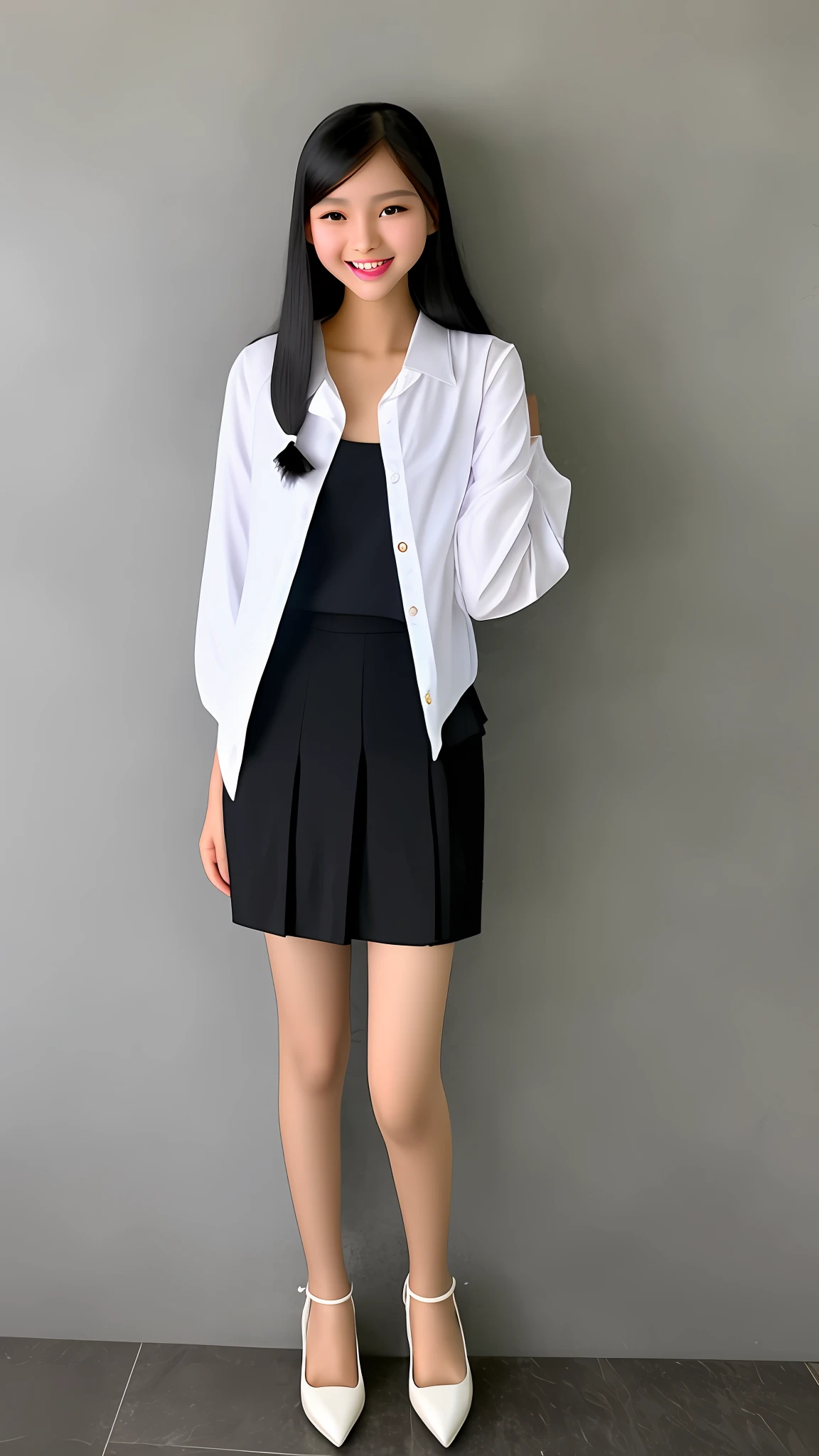 A Myanmar beautiful girl, 15 years old, tall, fat black hair, smiling, beautiful smile, beautiful nose, best quality, 8k, masterpiece, porcelain skin, wearing blouse and short skirt, wearing high heel, full body display, realistic photo, 1girl, ultra realistic girl, ((( full body from head to toe)))