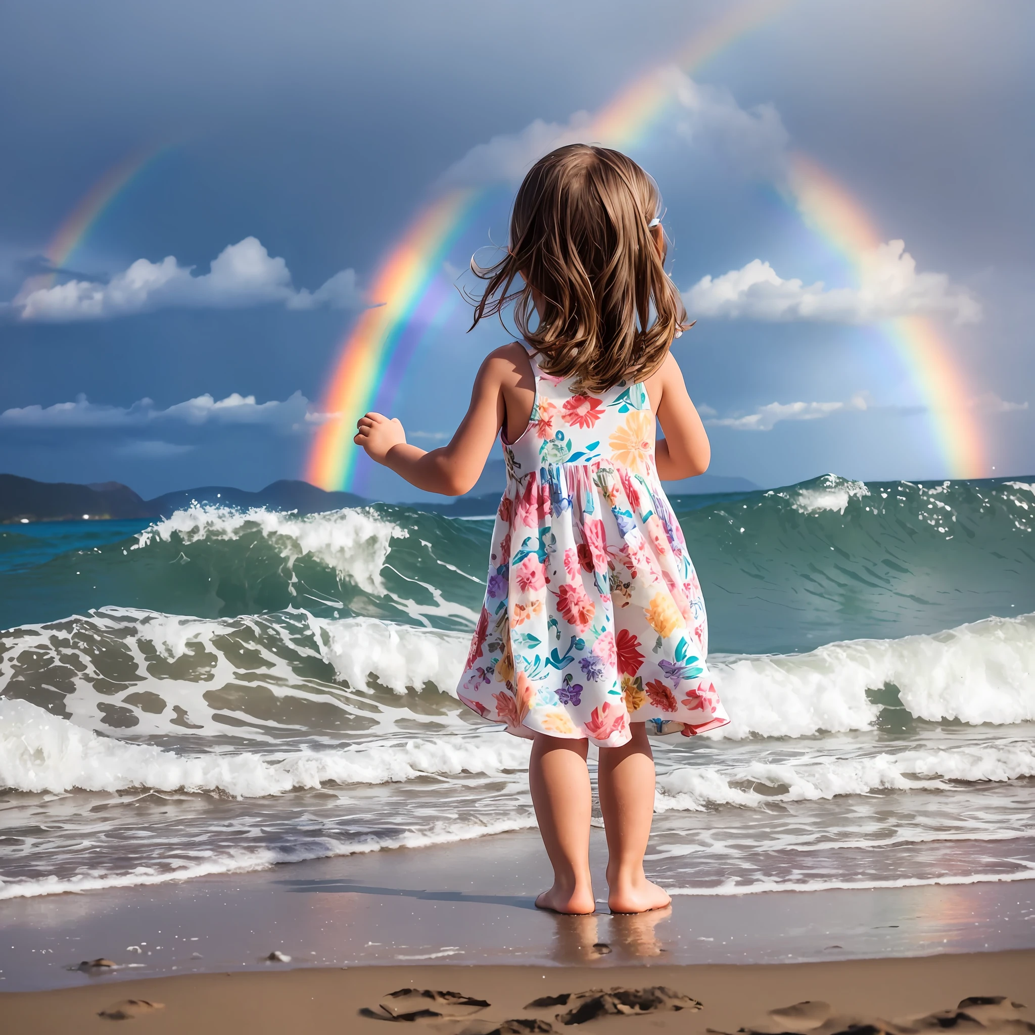 (seaside, beach, sun, light rain, mountains, rainbow, in floral dress, 5 years oldk, high quality --auto --s2