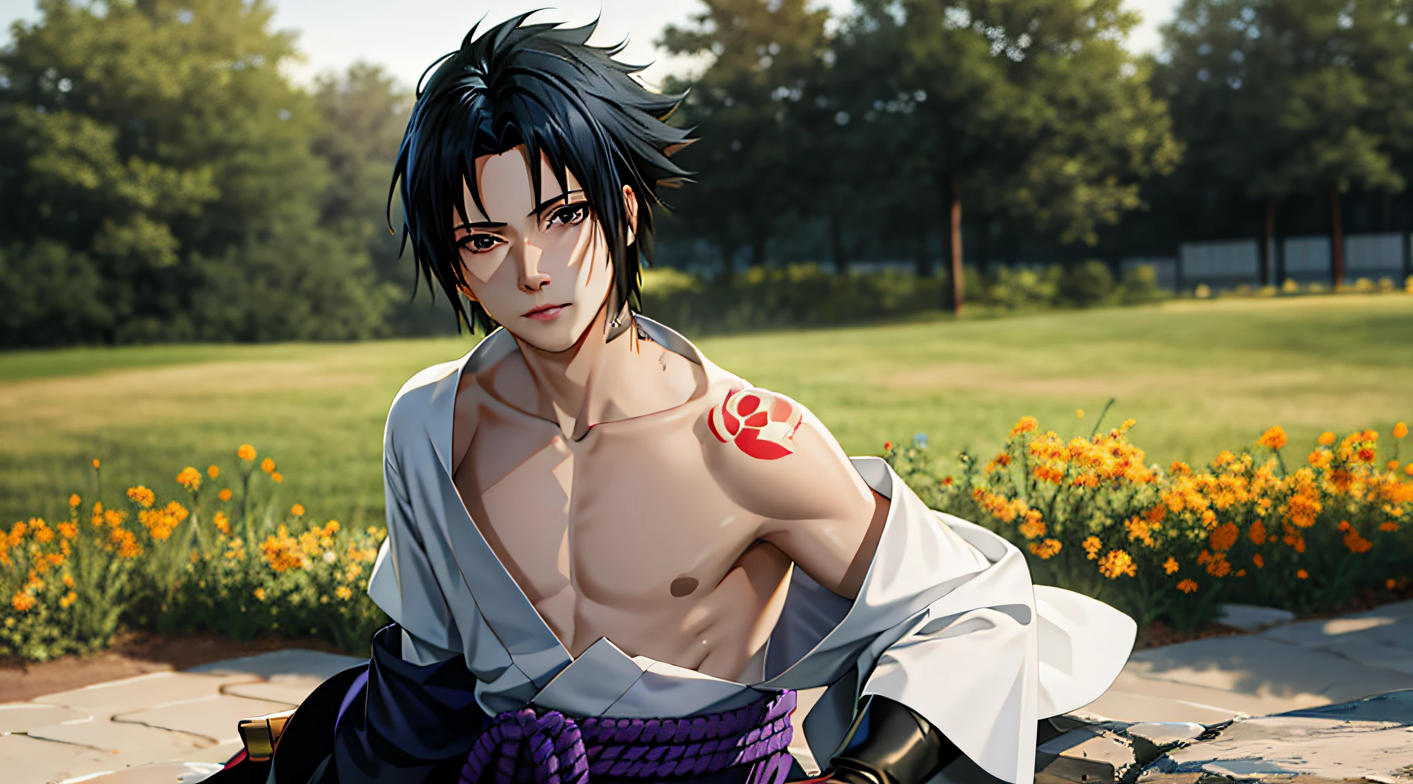 1boy, Sasuke, a man with a sword in his hand, purple skirt, wearing SSK_outfit, posing for a picture, left shoulder exposed, abs, tattoo, dynamic pose, (masterpiece:1.4),(best quality:1.4),(shiny skin),realistic, east asian architecture background, looking at viewer, masterpiece, highly detailed, 8K, stunning, hdr, subsurface scattering, global illumination, cinematic lighting, sunlight, realism, hyperrealistic , best quality, highres, (RAW photo:1.2), (photorealistic:1.2),(masterpiece:1.4), illustration, artstation, Alembert Oclusion, SSAO, Bokeh, Cinematic, Depth of Field, DOF, Vignette, Anti-Aliasing art by sakimichan , (sakimi-style:0.7), (nixeu_soft:0.2)