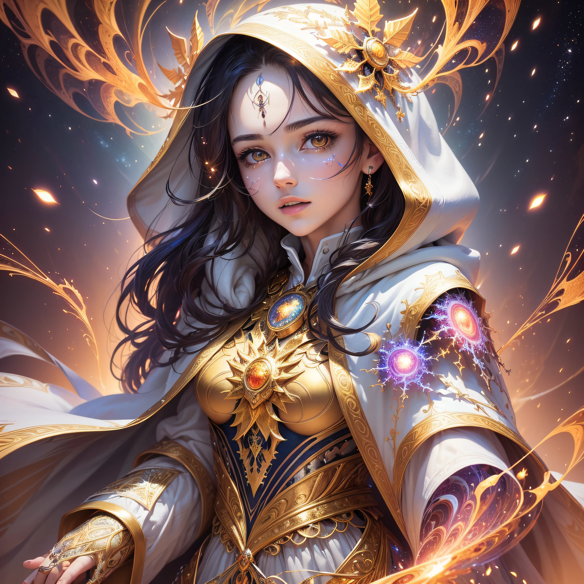 (masterpiece, top quality, best quality, official art, beautiful and aesthetic:1.2), (1girl), extreme detailed, (fractal art:1.3), colorful, highest detailed, perfect face, upper body, HDR, (praying:1.3), (white cloak golden lines:1.2), galaxy, (light streaks), striking visuals, (dynamic streaks, luminous trails:1.2), vibrant colors, --auto --s2