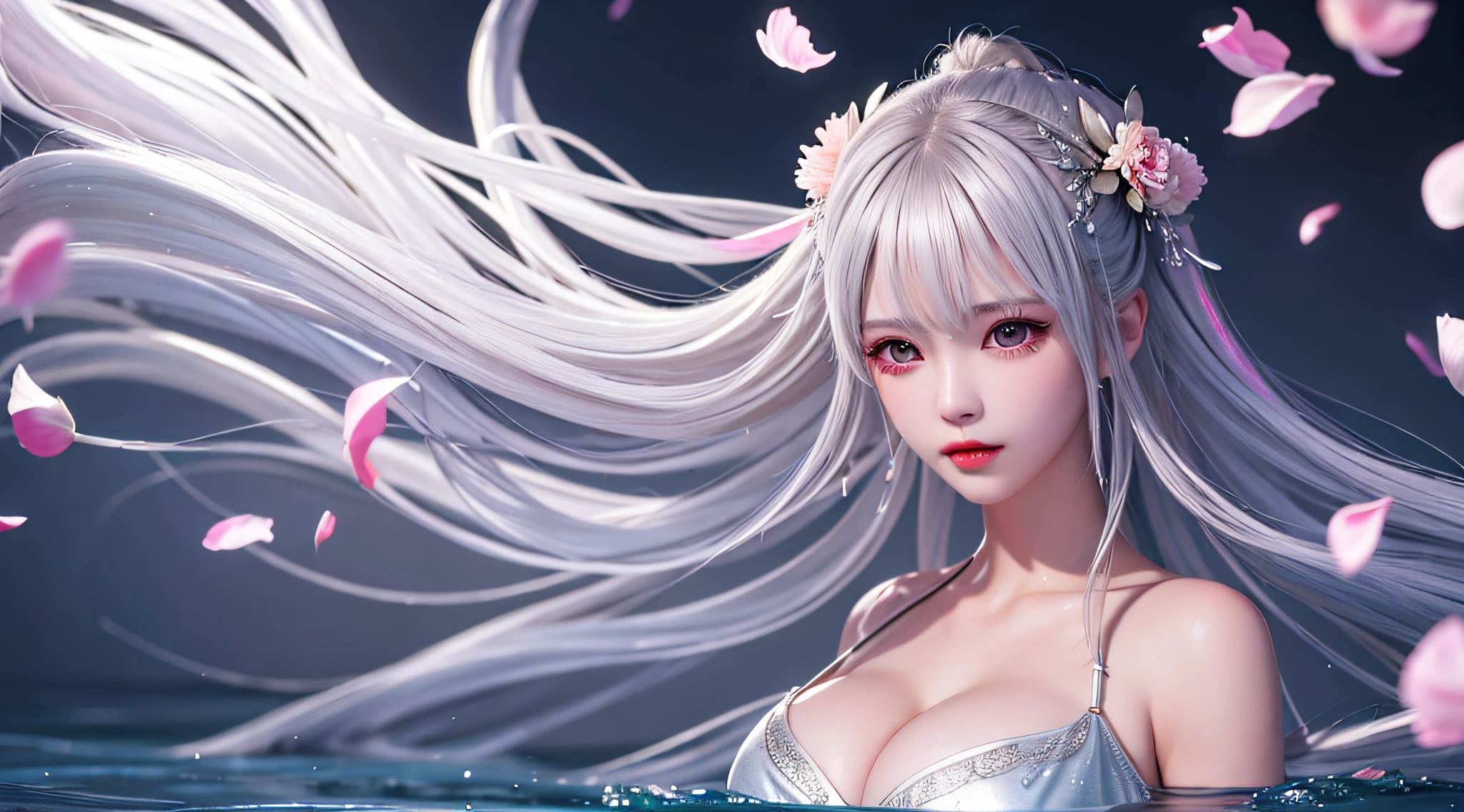 Silver hair, double bun, upper body, standing in water, parted bangs, modern, surreal, film lighting, chiaroscuro, masterpiece, textured skin, high resolution, high quality, high detail, beautiful face, big breasts, obvious cleavage, translucent clothes, falling petals