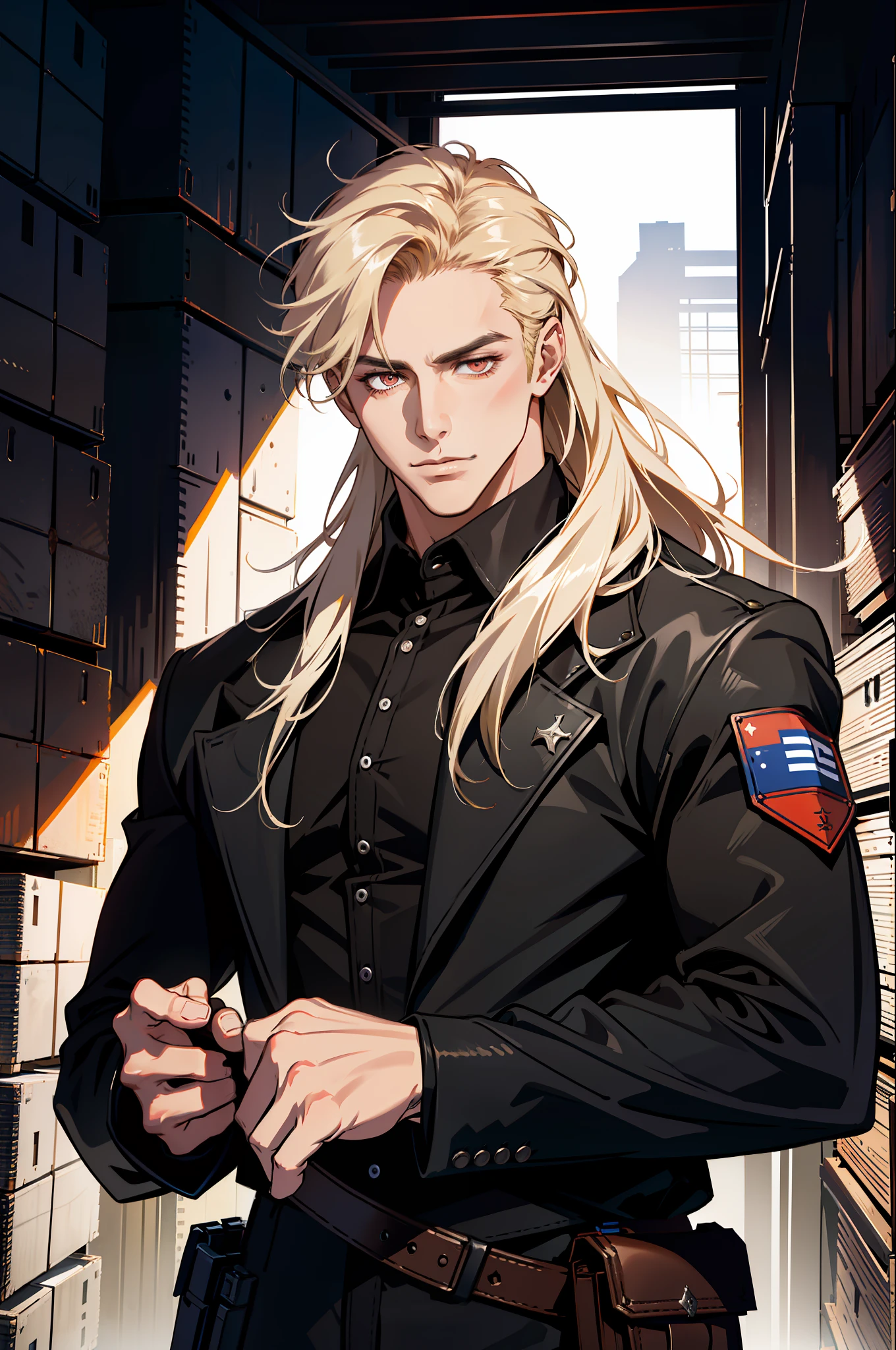(MLS), medium large shoot, MLS, (absurd res, high res, ultra detailed), 1 male, adult, handsome, tall muscular guy, broad shoulders, blonde long hair, red eyes, finely detailed eyes, looking at viewer, solo, no background, detailed face, smirk, renegade, rugged dark leather clothes, small leather pouch, high fantasy medieval setting, smuggler hideout background, stealth, undercover, (crates in background), shadows, fog, (dutch angle), ((portrait)), black shirt, black jacket, hand on chest