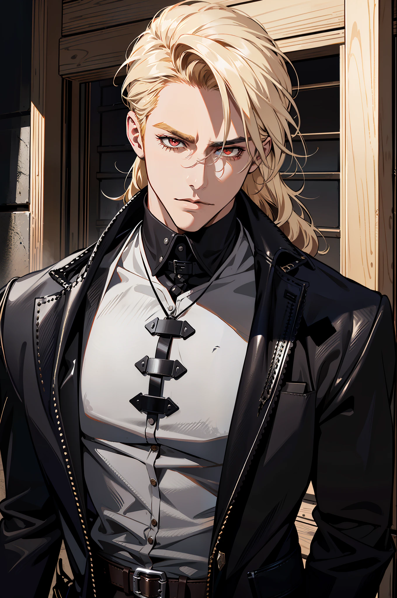 (MLS), medium large shoot, MLS, (absurd res, high res, ultra detailed), 1 male, adult, handsome, tall muscular guy, broad shoulders, blonde long hair, red eyes, finely detailed eyes, looking at viewer, solo, no background, detailed face, smirk, renegade, rugged dark leather clothes, small leather pouch, high fantasy medieval setting, smuggler hideout background, stealth, undercover, (crates in background), shadows, fog, (dutch angle), ((portrait)), black shirt, black jacket, hand on chest