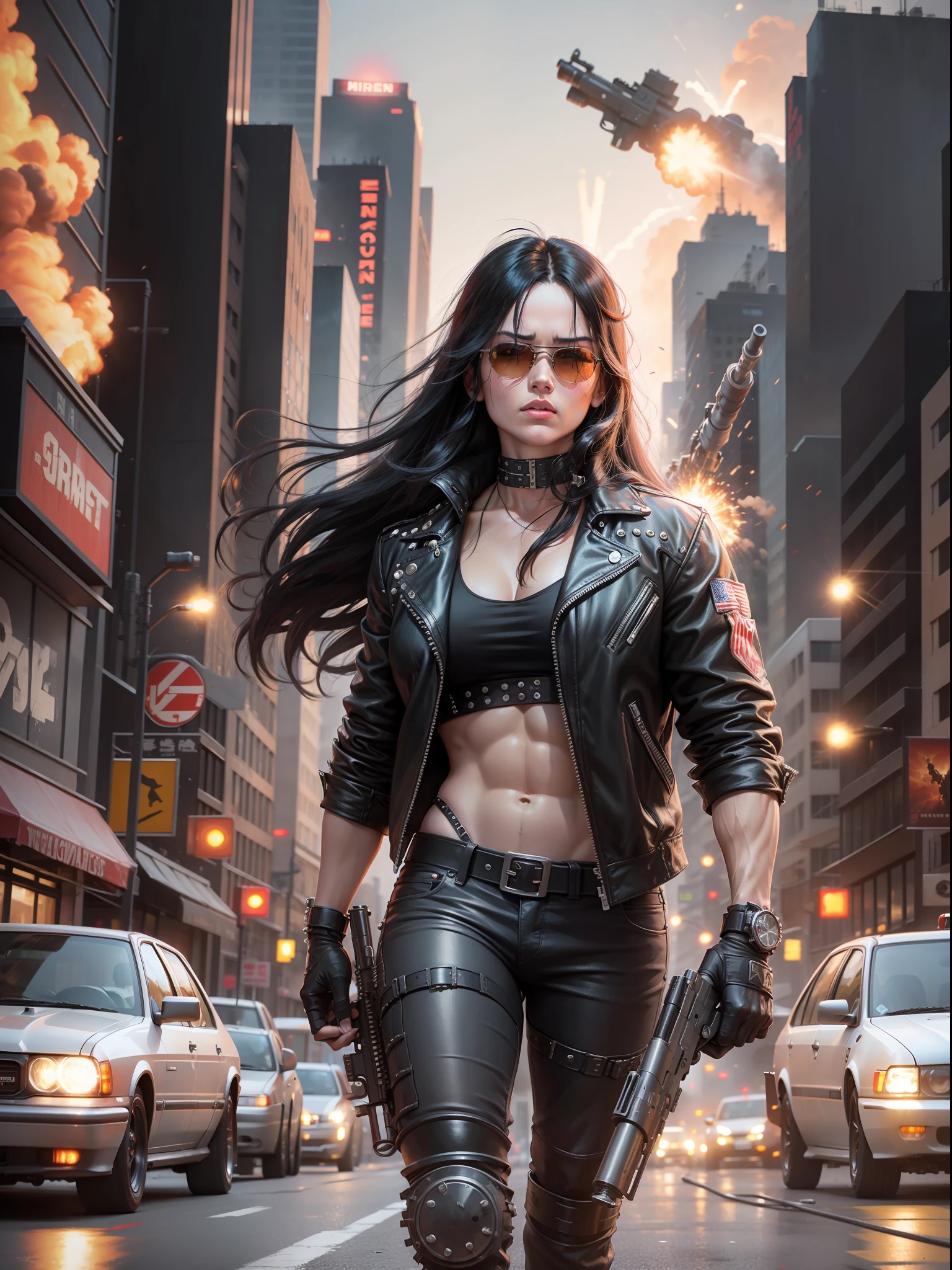 Terminator, long black hair, rivets, shoots with a big gun on the city street with explosions behind, movie poster