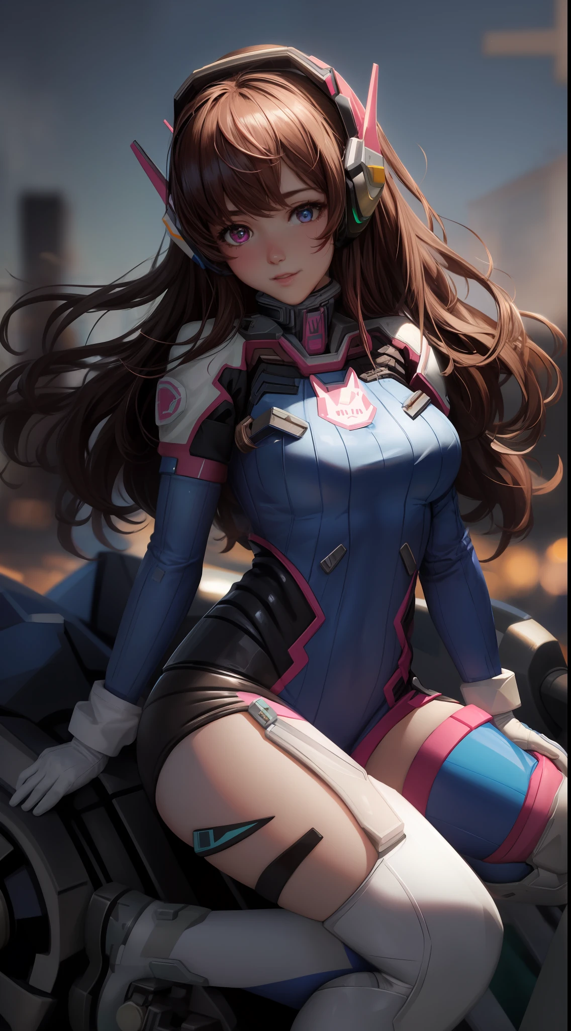 Masterpiece, Best Quality, High Resolution, 1girl, Super High Resolution, Solo, Mech Pilot, D.VA, Headphones, Pink Eyes, Blue Tights, Brown Hair, White Gloves, Cat Face Adornament,
