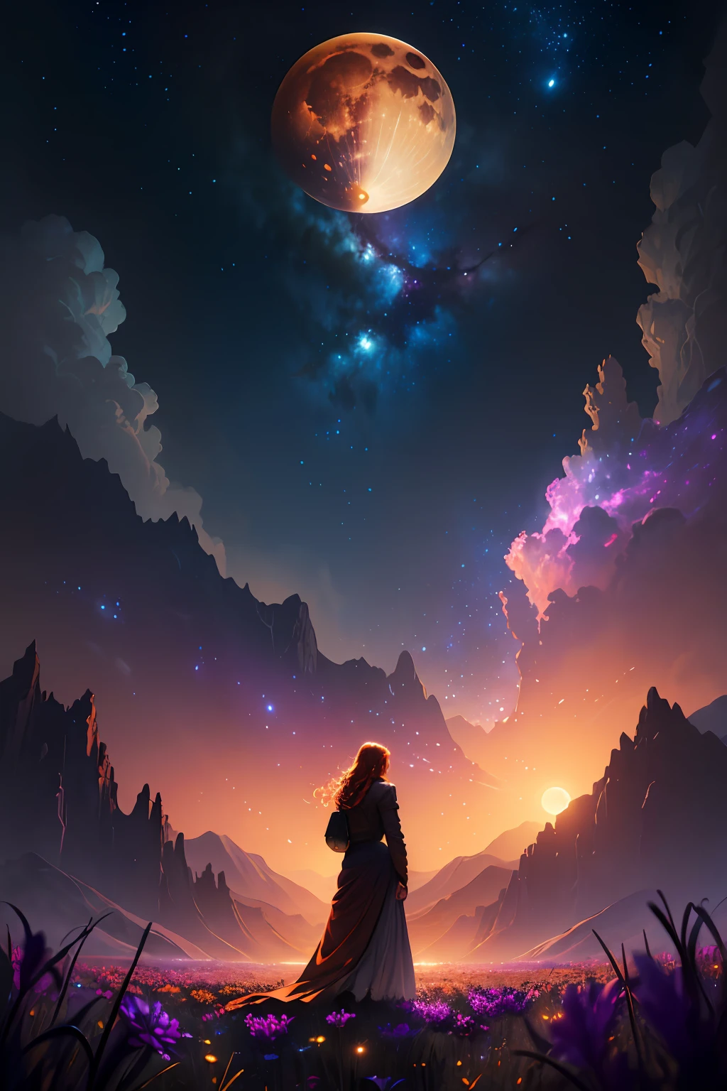expansive landscape photograph , (a view from below that shows sky above and open field below), a girl standing on flower field looking up, (full moon:1.2), ( shooting stars:0.9), (nebula:1.3), distant mountain, tree BREAK
production art, (warm light source:1.2), (Firefly:1.2), lamp, lot of purple and orange, intricate details, volumetric lighting, realism BREAK
(masterpiece:1.2), (best quality), 4k, ultra-detailed, (dynamic composition:1.4), highly detailed, colorful details,( iridescent colors:1.2), (glowing lighting, atmospheric lighting), dreamy, magical, (solo:1.2)